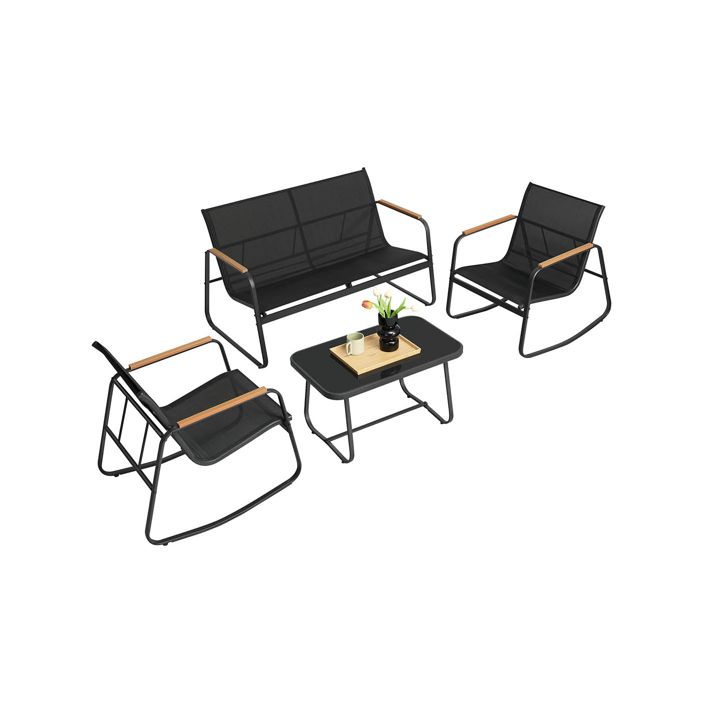 Garden Set-Garden Bench + 2 Rocking Chairs + Table-Black-4-Piece