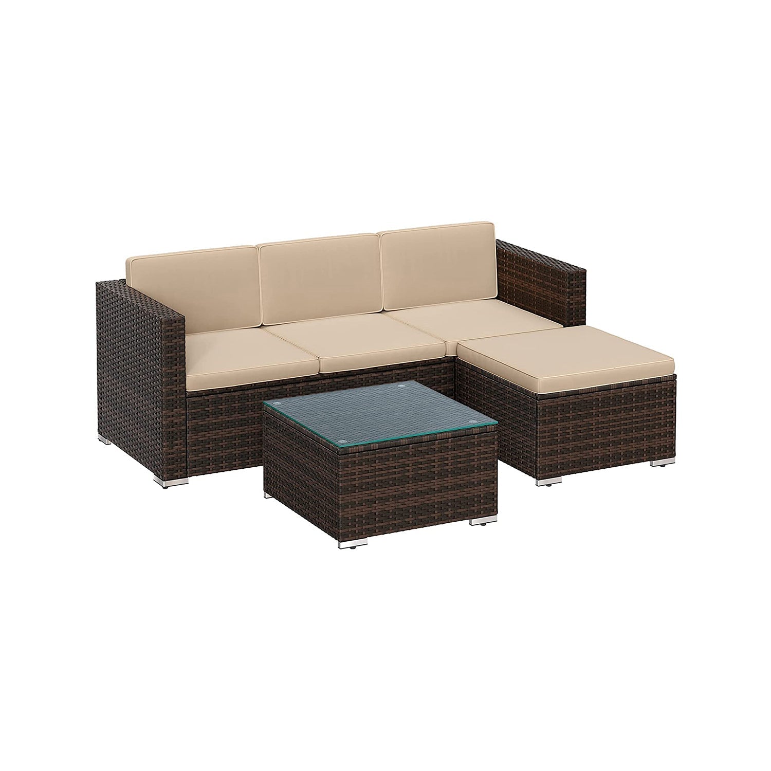 Lounge Set - Garden Furniture Set - Corner Soffa With Table - Glass Top - Brown