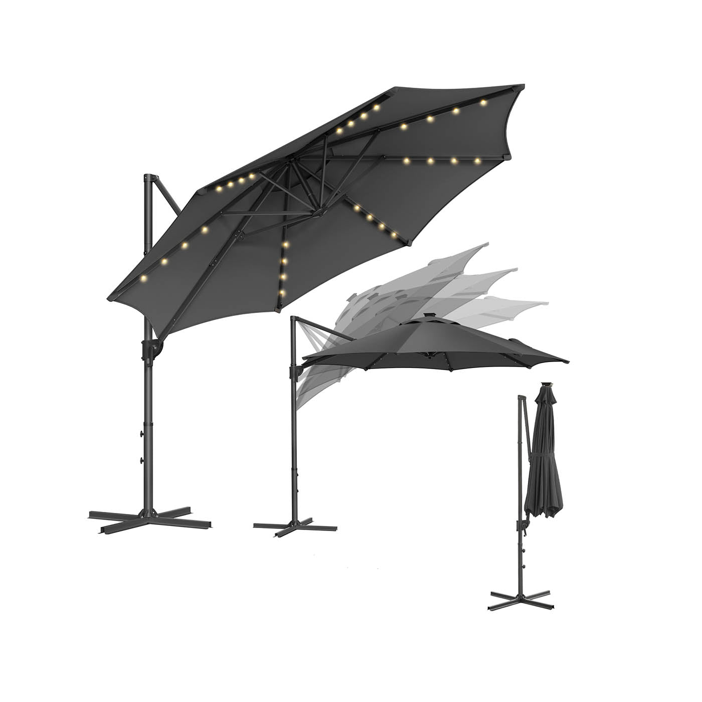 Parasol Ø300 cm-upf 50+-med 28 LED-lampor-gråt