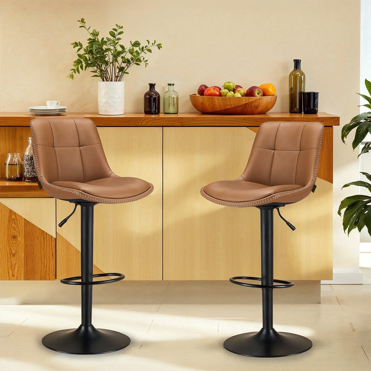 Barstolar - Uppsättning av 2 - med ryggstöd - Caramel Brown