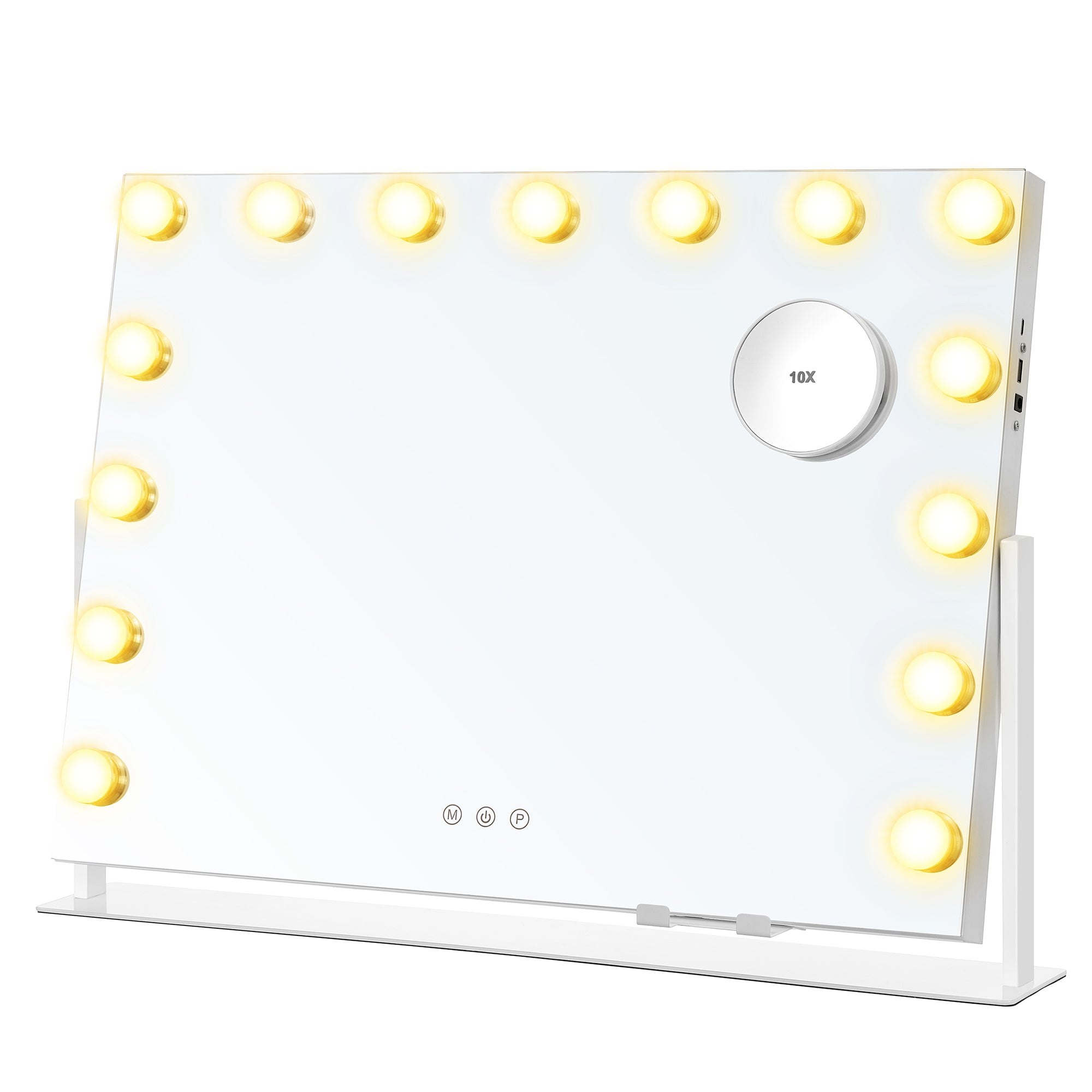 Make-up spegel med LED-belysning, beröringskontroll, 15 LED-lampor, med laddningsportar, 10x förstoringsspegel, 3 lätta färger, dimbar, mobiltelefonhållare, Matt White LWM001W02