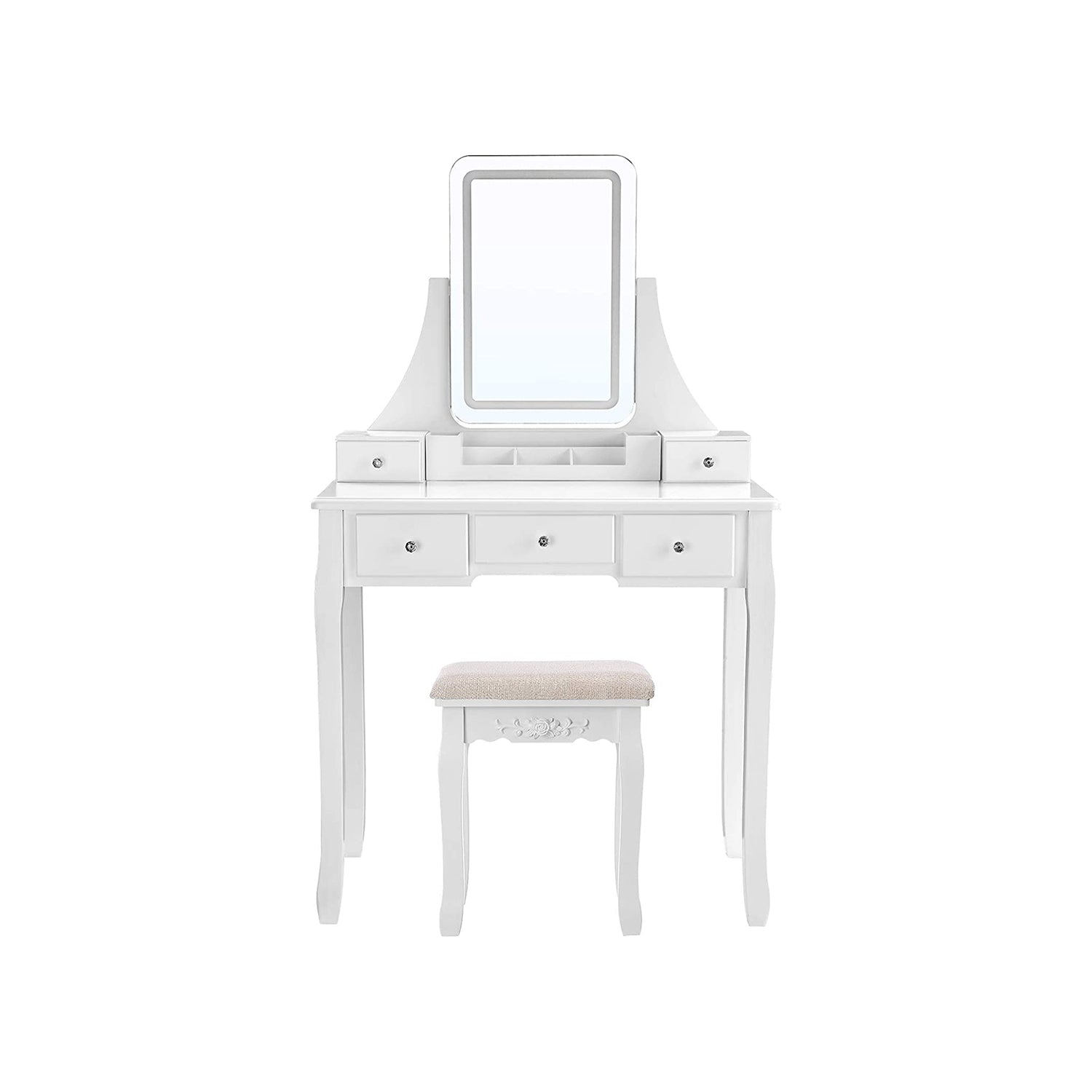 Toalettbord - Make -Up -bord - med spegel - 5 lådor - LED -belysning - vit