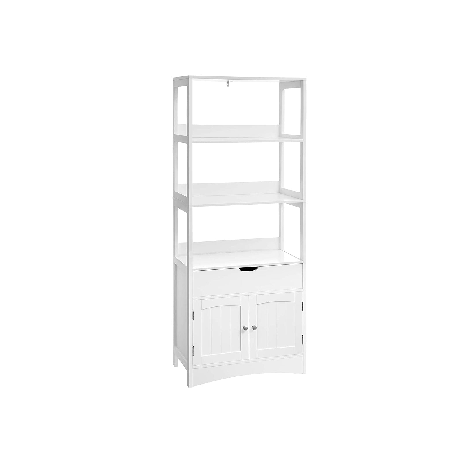Badrumsskåp - fristående högt skåp - 60 x 32,5 x 154 cm - 3 öppna fack - 1 låda - 2 dörrar - vita