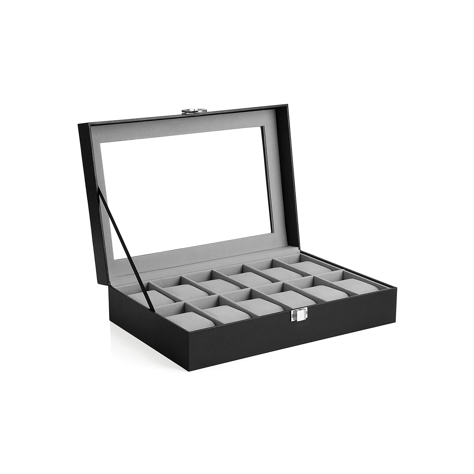 Watchbox - 12 klockor - glaslock - svart