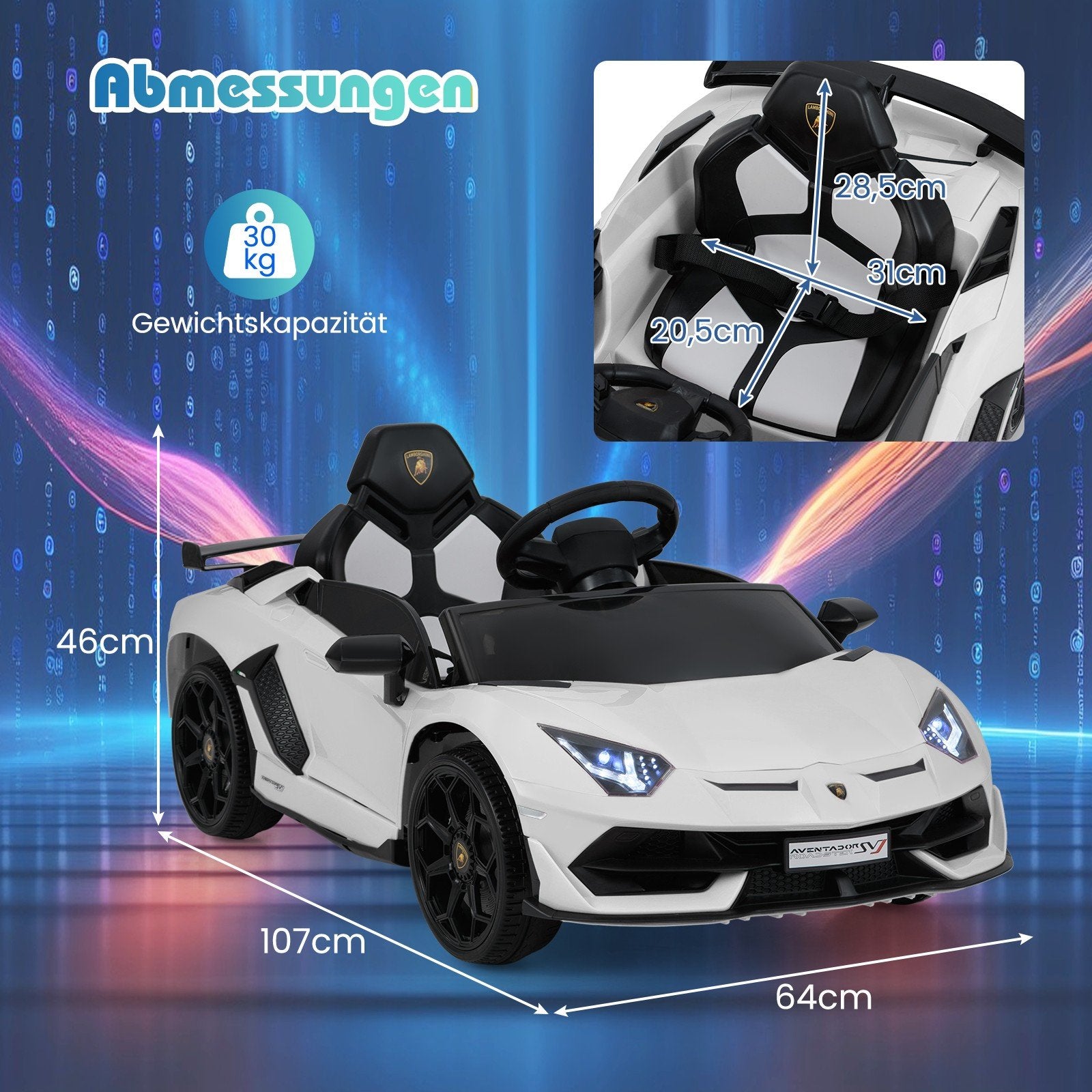 Lamborghini – elbil för barn med 2,4G fjärrkontroll och LED strålkastare Elfordon – Vit