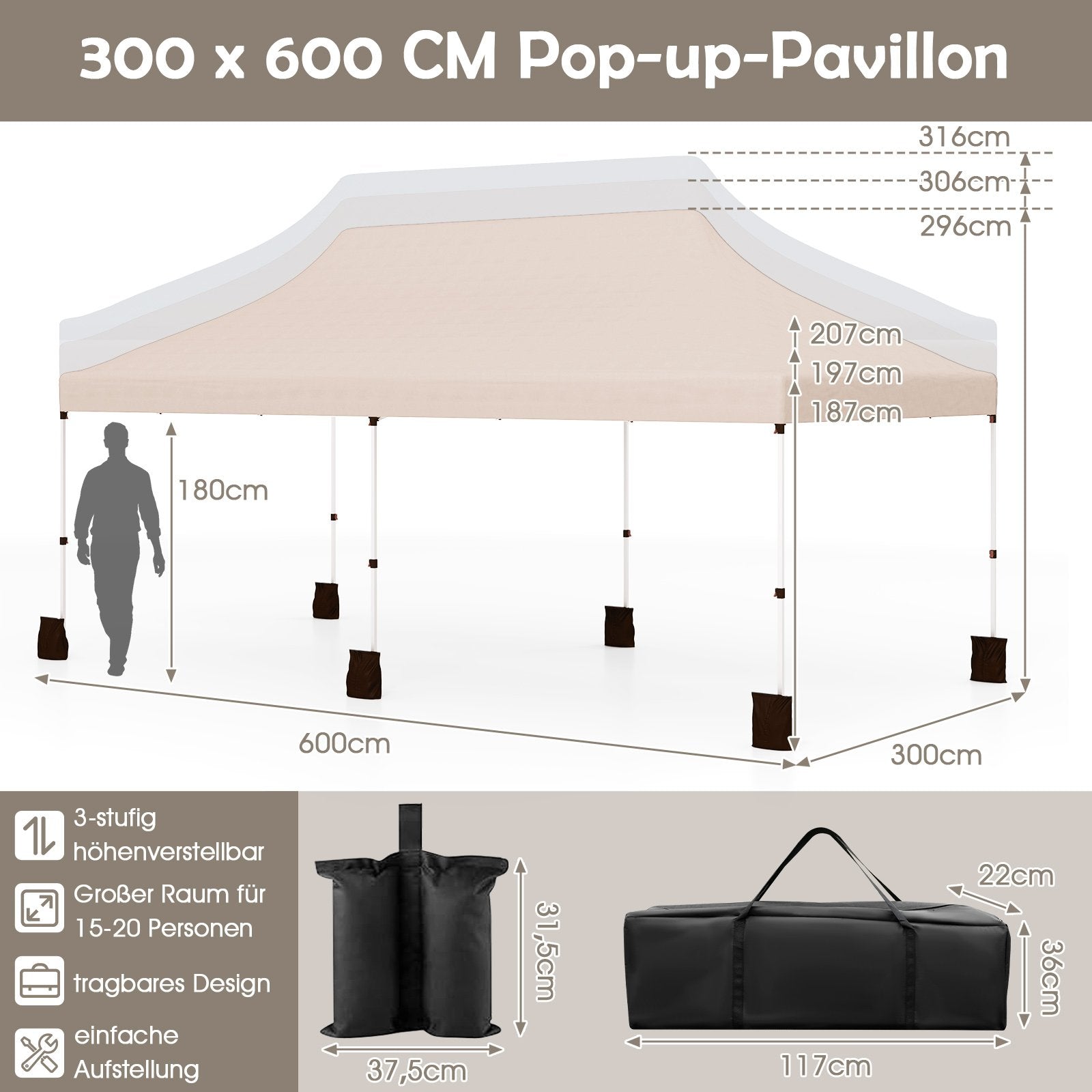 Paviljong – med bärväska, hopfällbar höjdjusterbart partytält – 3 x 6 m – Beige