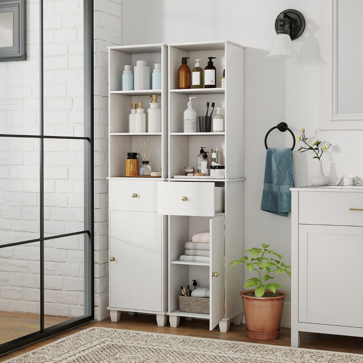 Badrumsskåp – smal Badmöbel med öppen Hylla Låda Dörr och justerbar – 3 1 1 172 cm – Vit
