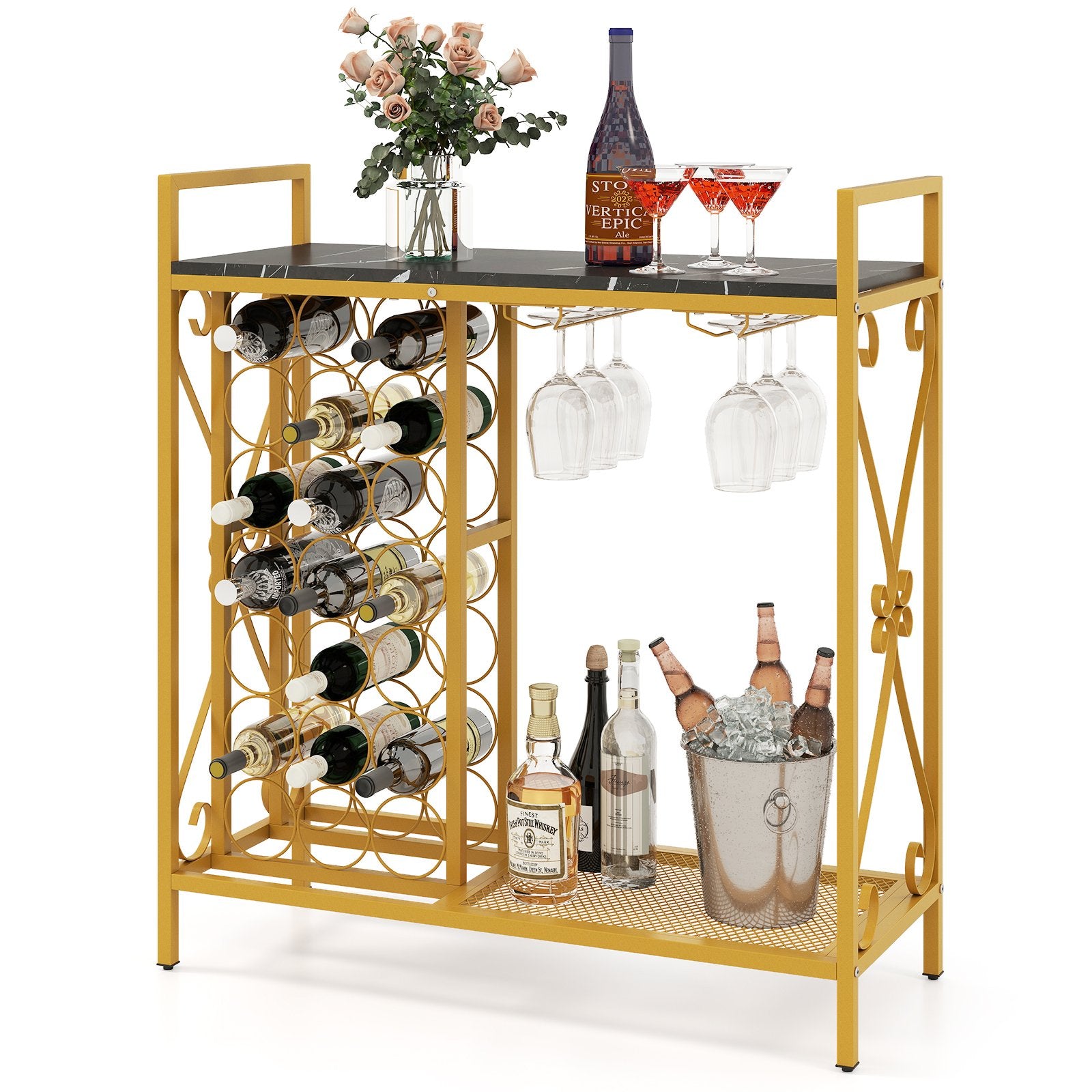 Vinkyl – för flaskor Fristående flaskställ med glas hållare och bordsskiva Vinställ Metall – 21 93 x 38 x 102 cm – Guld