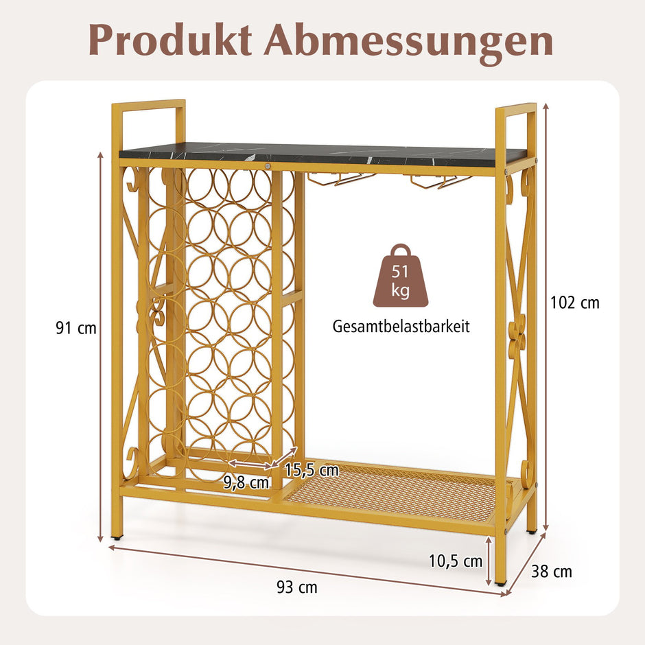 Vinkyl – för flaskor Fristående flaskställ med glas hållare och bordsskiva Vinställ Metall – 21 93 x 38 x 102 cm – Guld