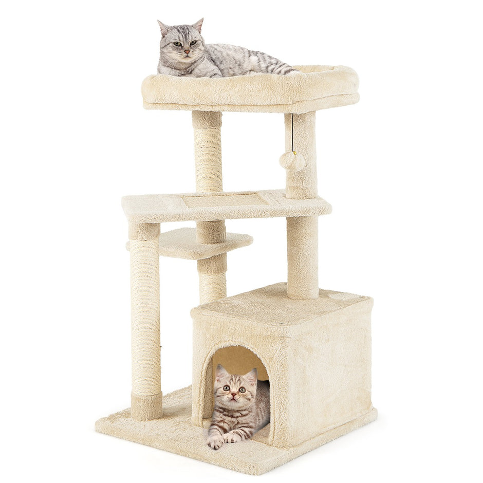 Kattställning – Liten Kattträd med Kattgrotta och mjuk Sittplats – 85 cm – Beige