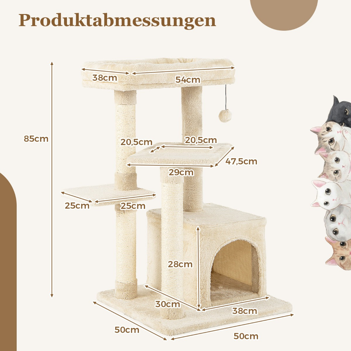 Kattställning – Liten Kattträd med Kattgrotta och mjuk Sittplats – 85 cm – Beige