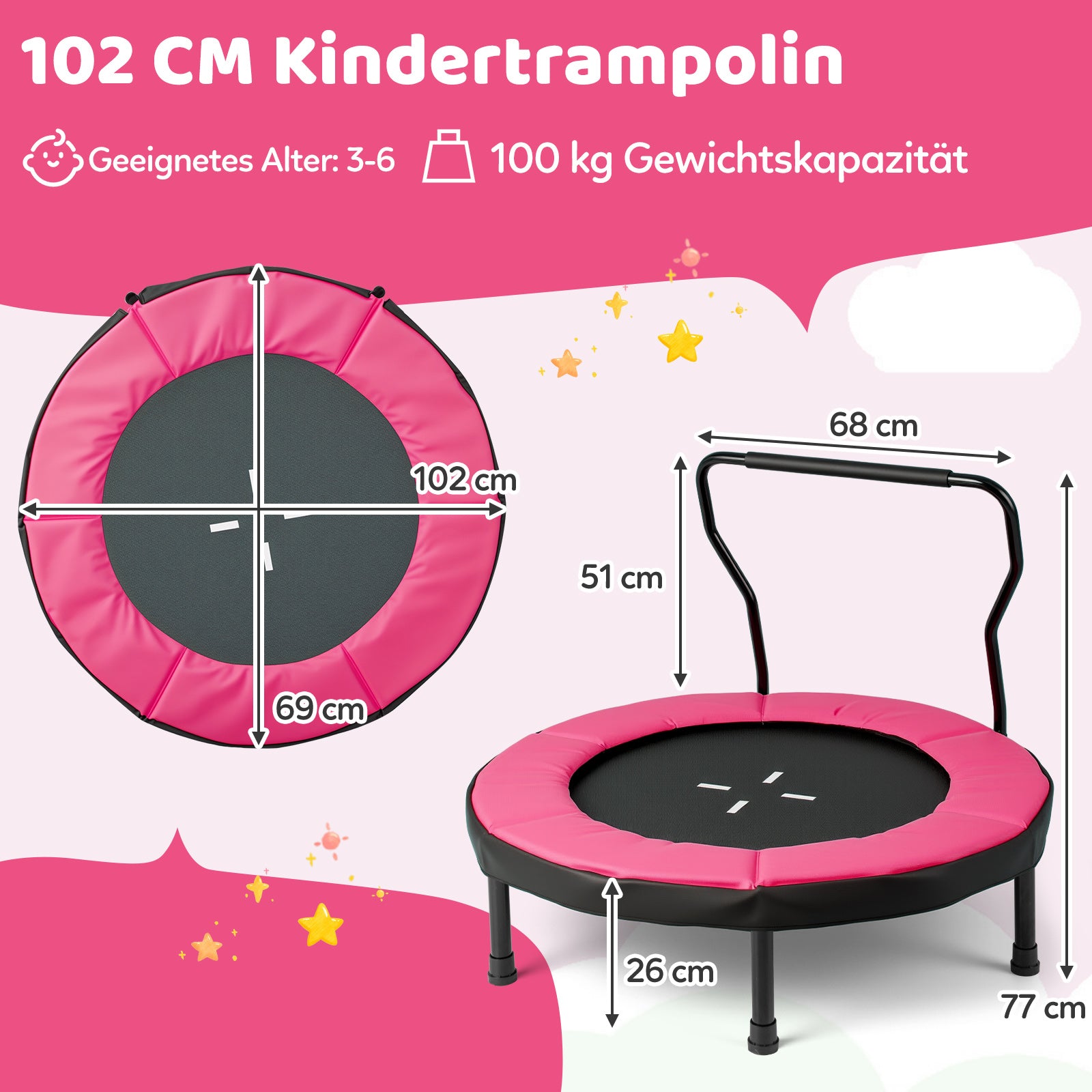 Barntrampolin – Fitness Inomhus med avtagbart handtag Minitrampolin upp till belastning – 100 kg Ø 102 cm – Rosa