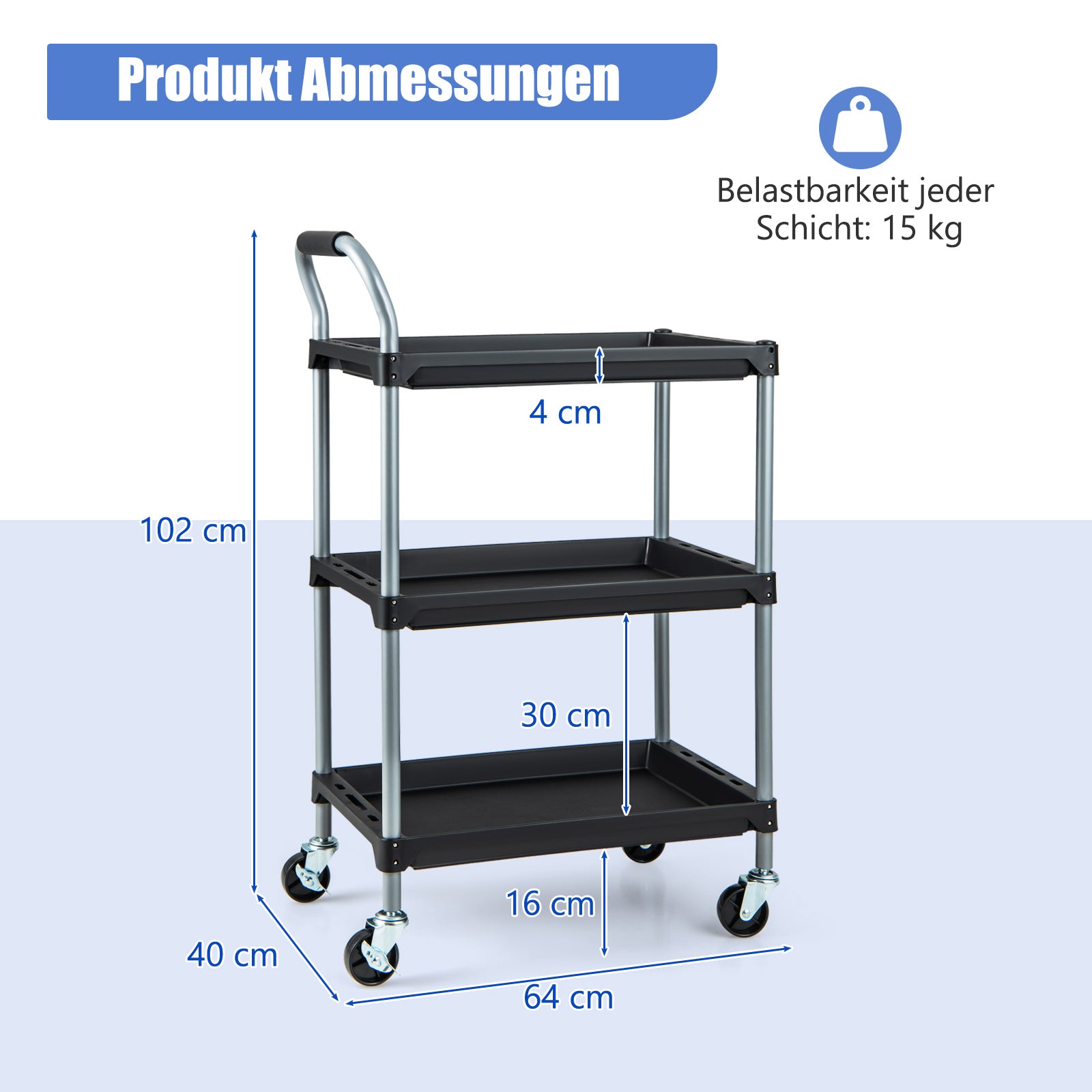 Rullvagn – verkstadsvagn med våningar mobil verktygsvagn vadderat handtag och hjul – 3 64 x 40 x 102 cm – Svart