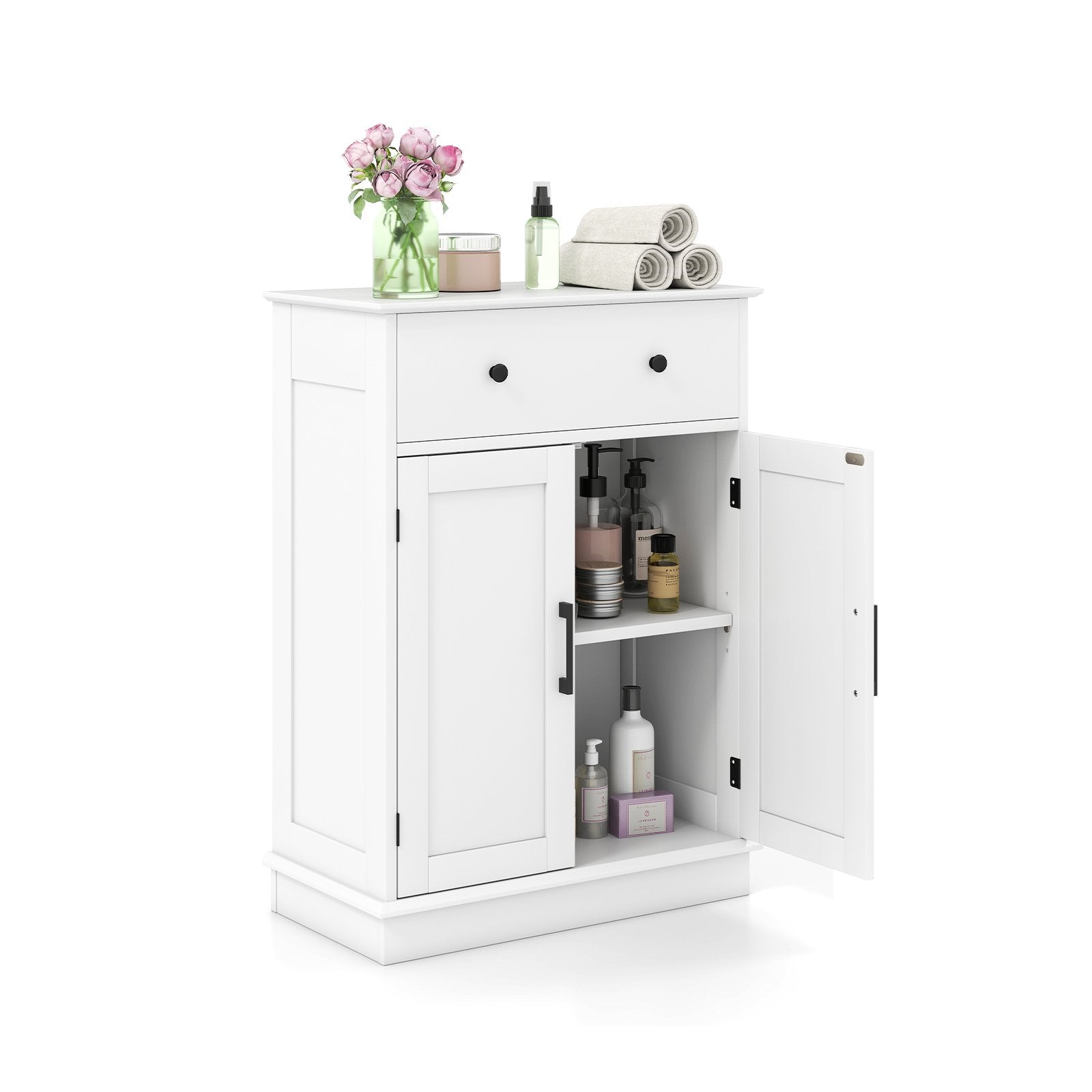 Badrumsskåp – Badskåp med låda dörrar och justerbar hylla kommod trä för – 56 x 30 x 80 cm – Vit
