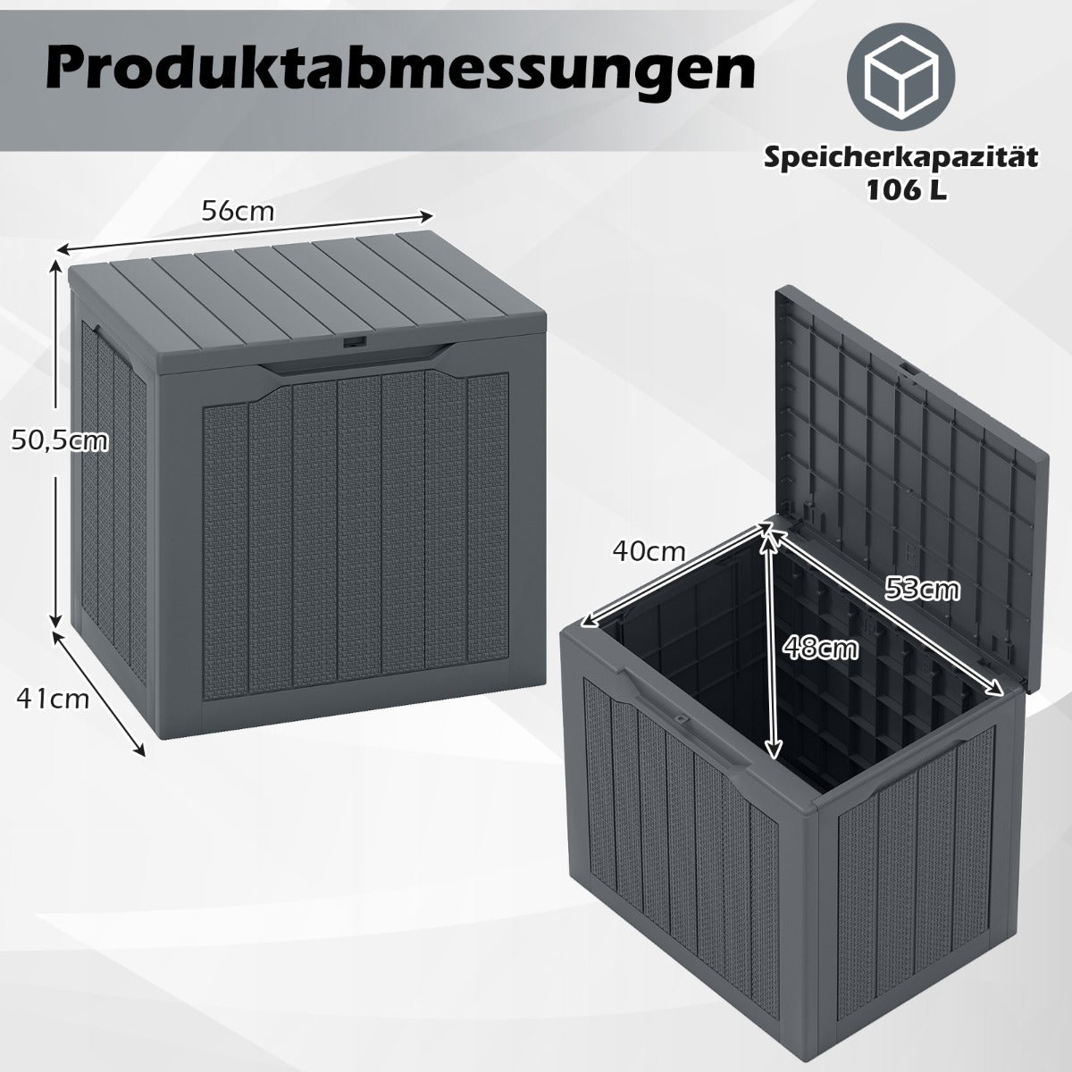 Utomhusförvaringslåda – Lockbox med låsbart och flätad rottinglook – 96 L – Grå