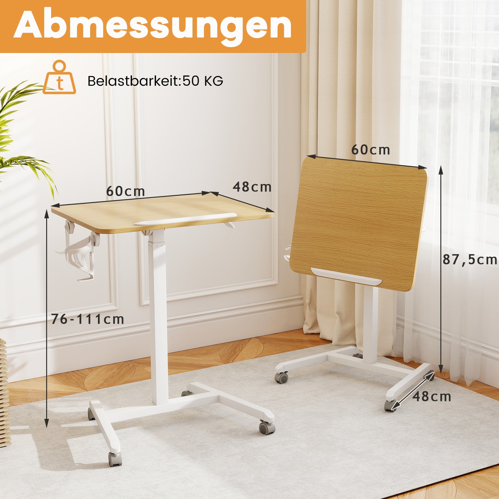 Höj – och sänkbar sidobord med hjul 90° lutningsbar bordsskiva vårdbord sängbord – Natur