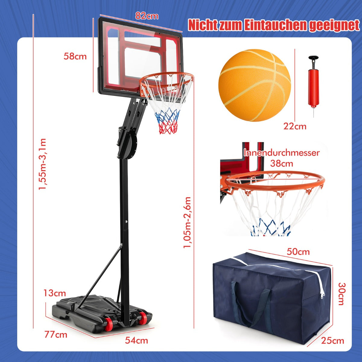 Höj – och sänkbart basketställ med stativ hjul, cm, basketkorg – 2 105-260 – Svart