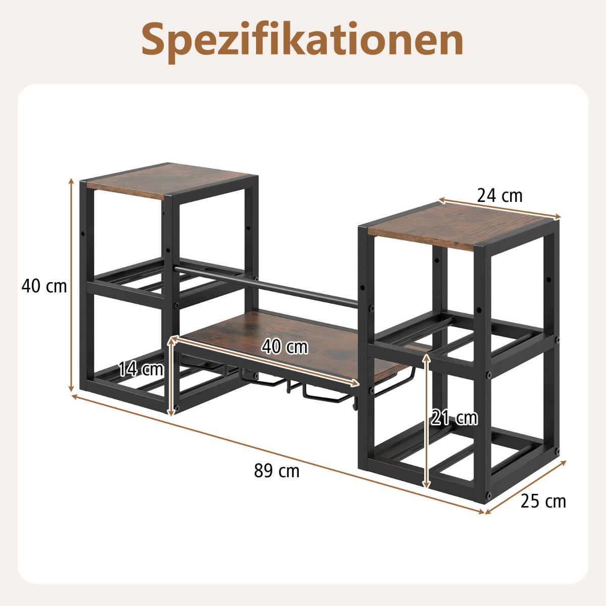 Väggmonterad – vinställ med glashållare Kraftig metallram flaskhållare öppen hylla Rustikt brunt – 8 – Rustik brun