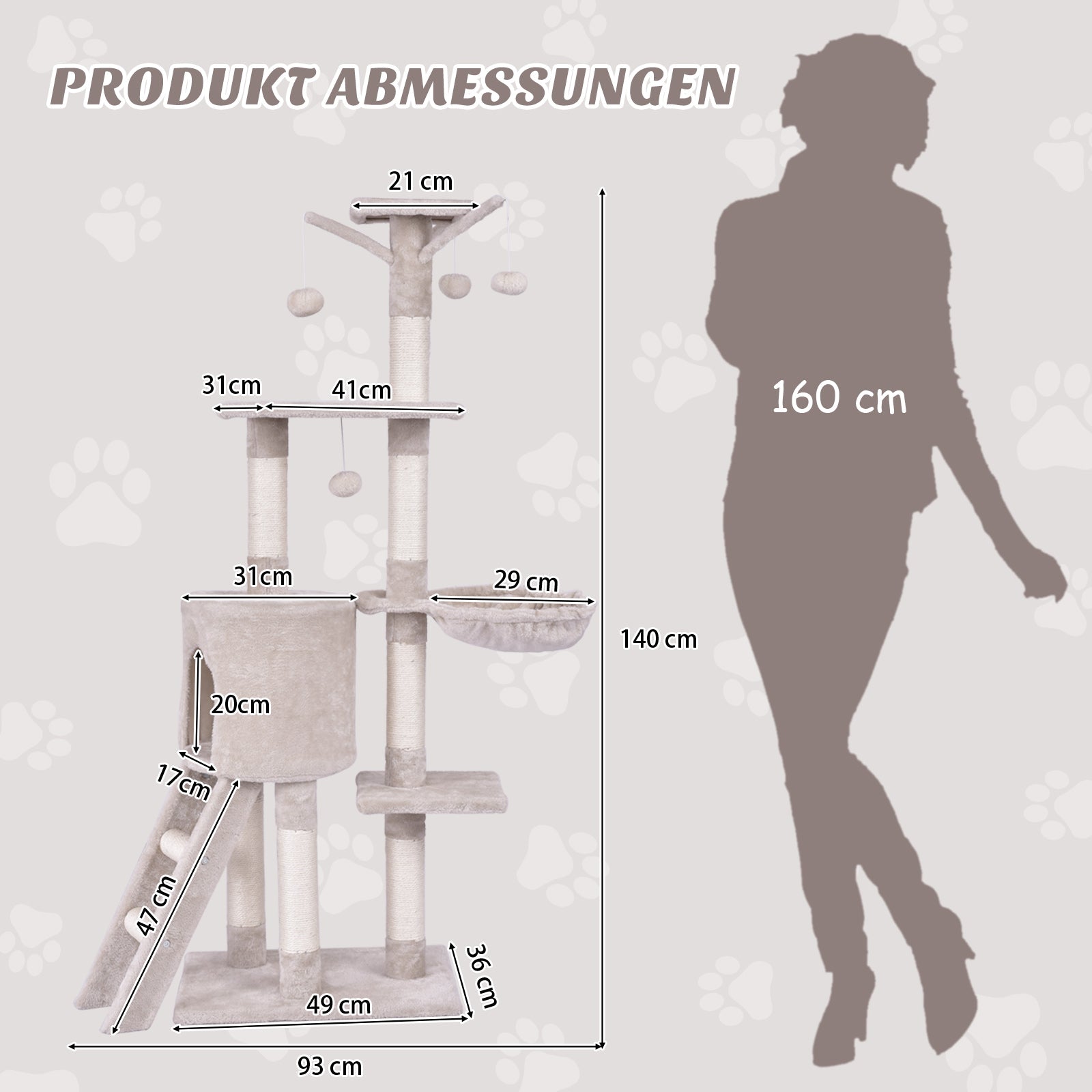 Klösträd – Kattträd med plattformar Katter Kattmöbler Klätterträd Aktivitetsträd – 140 cm – Beige