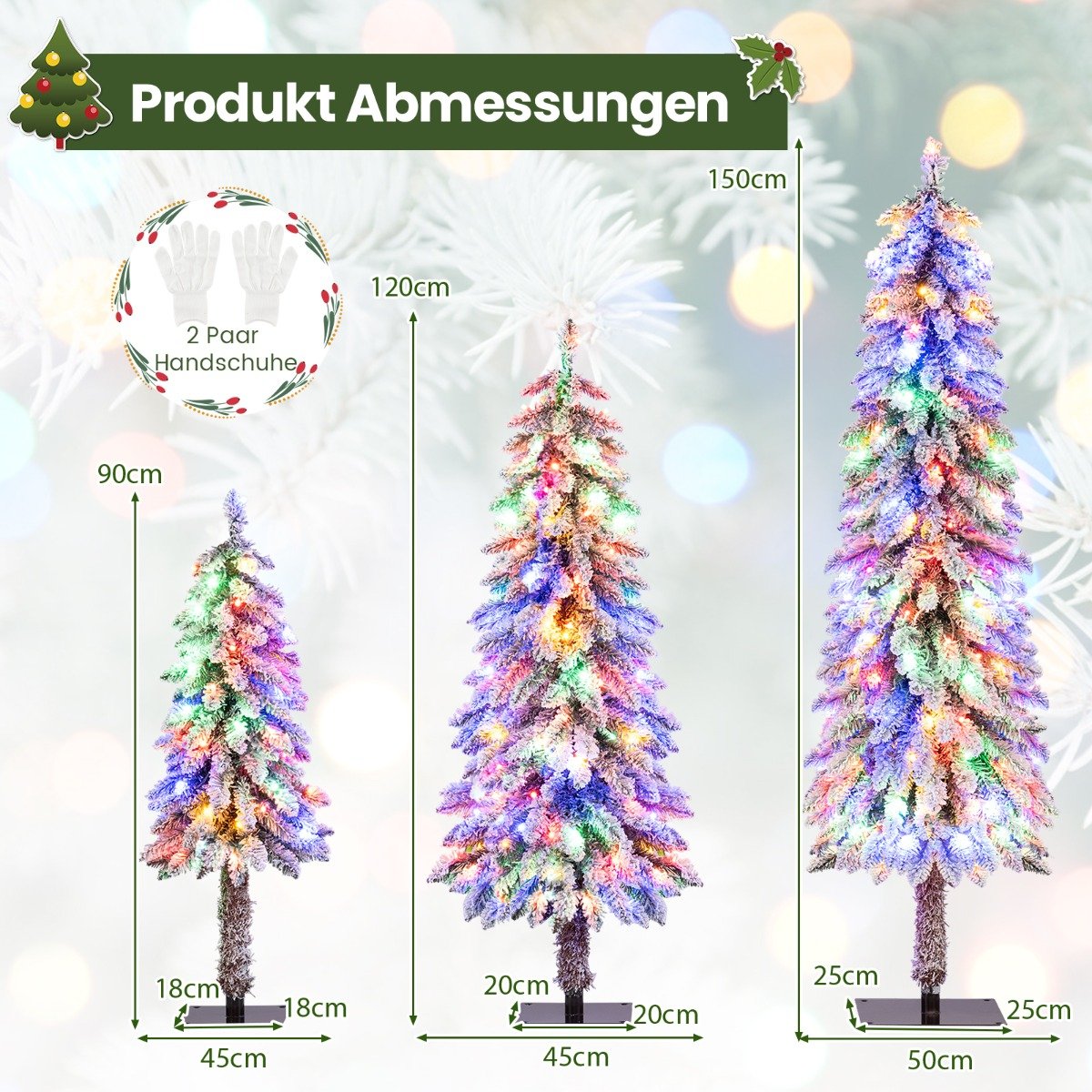 pack – konstgjorda julgranar med belysning och snö – 3 90 / 120 / 150 cm – Grön och vit