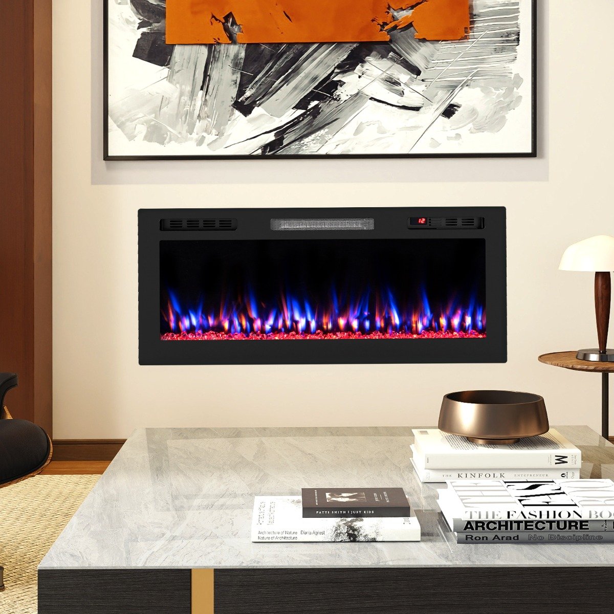 42'' – Elektrisk öppen spis 750W/1500W Inbyggd med APP WLAN kompatibel och fjärrkontroll Väggmonterad – Svart