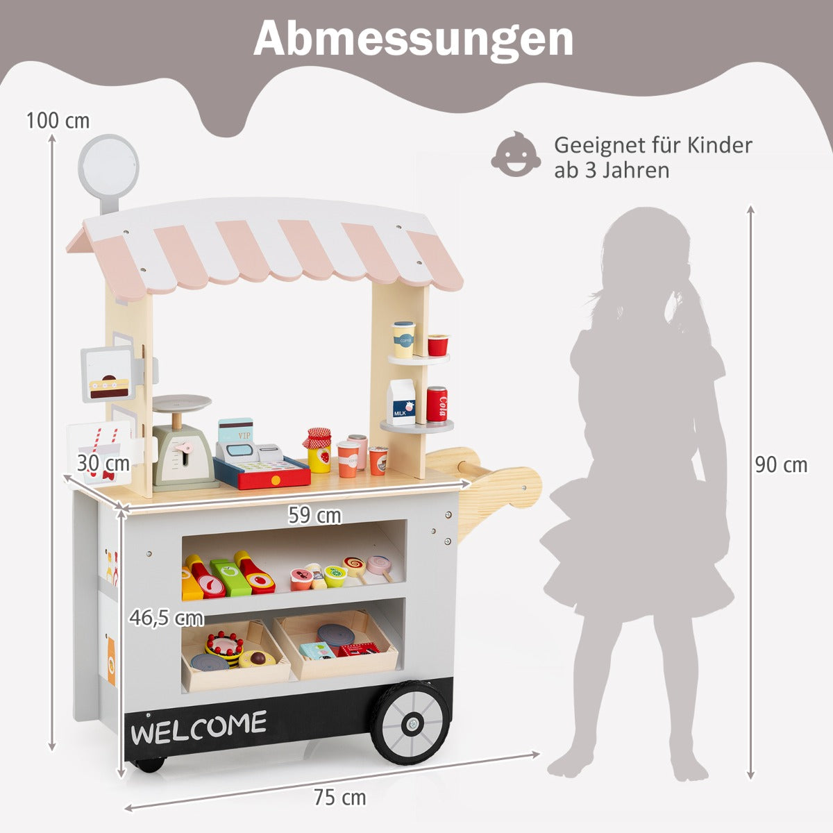 Barnmatvagn – i trä på hjul med kassa Foodtruck för från år – 3 3 – Grå