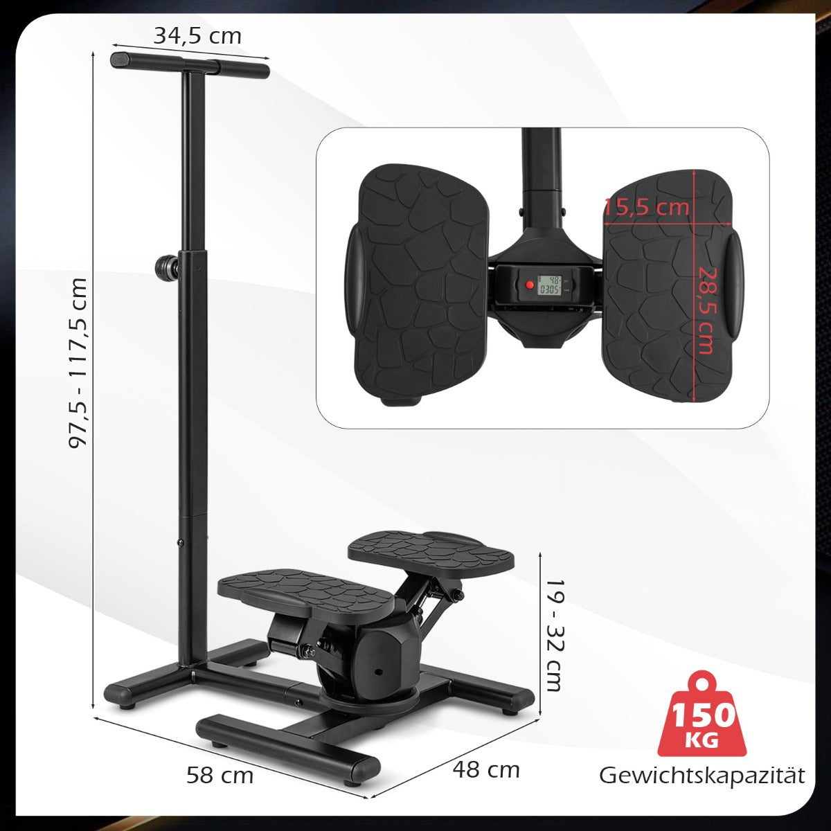 Stepper – för träning Twist Stair med höjdjusterbart handtag och halkfria pedaler – Svart