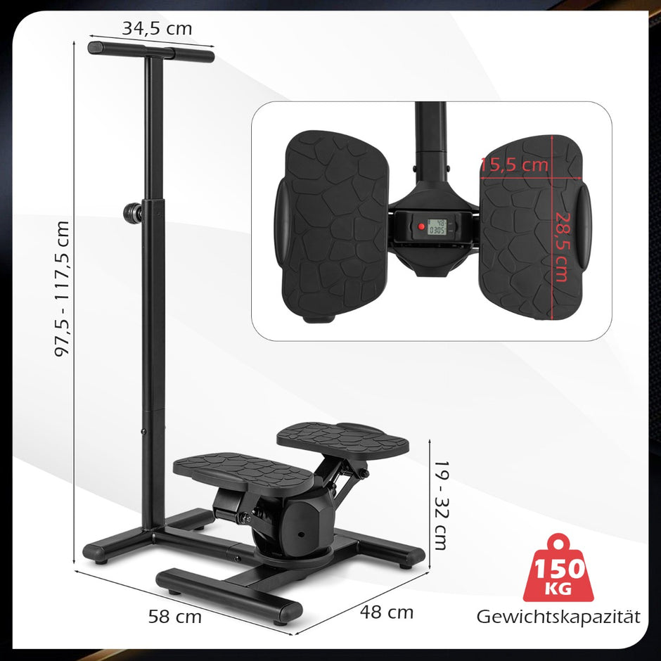 Stepper – för träning Twist Stair med höjdjusterbart handtag och halkfria pedaler – Svart