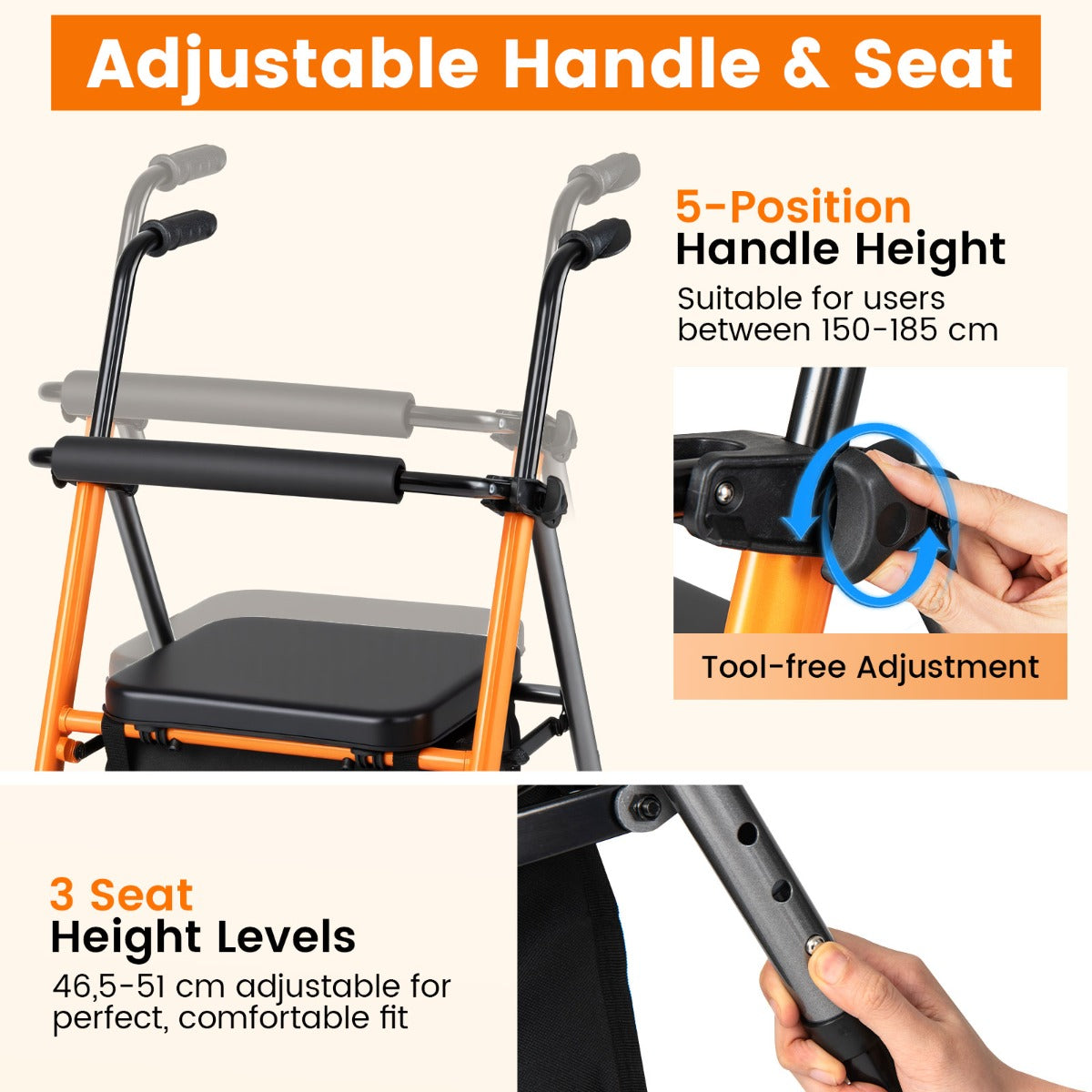 Fällbar – Resrollator Höjdjusterbar Med Sits Korg Lätt Aluminium Upp Till För Seniorer Orange + – 136 kg – Svart