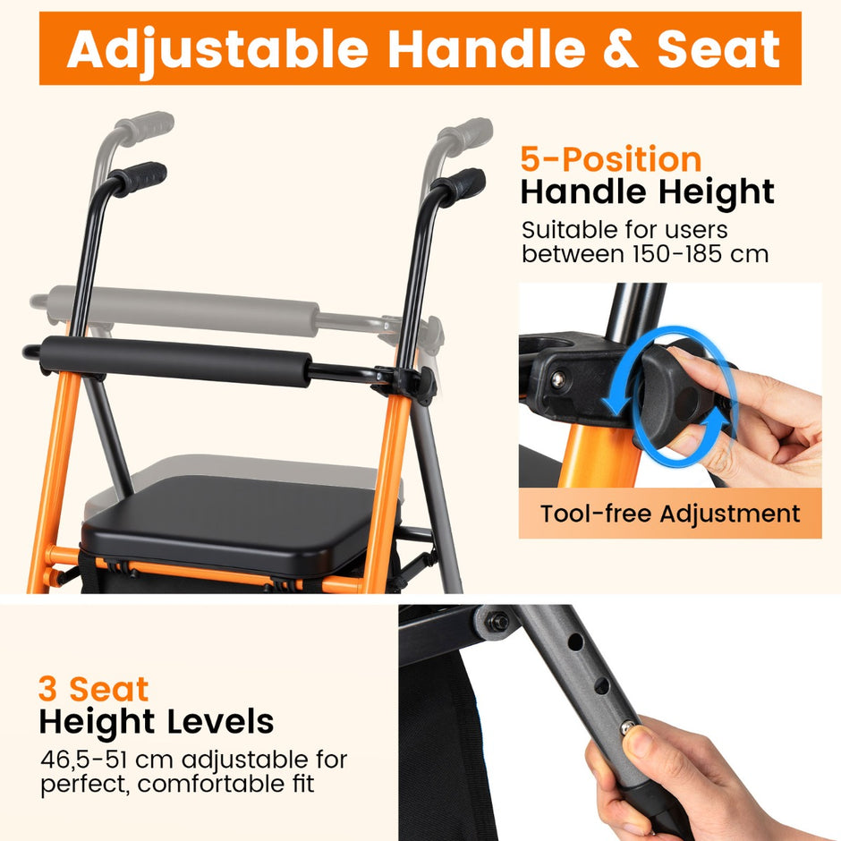 Fällbar – Resrollator Höjdjusterbar Med Sits Korg Lätt Aluminium Upp Till För Seniorer Orange + – 136 kg – Svart
