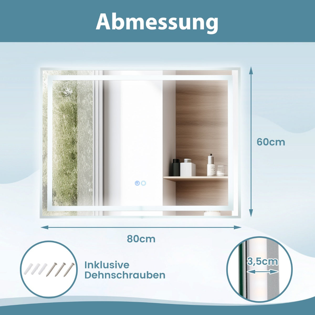 LED Badrumsspegel – med belysning Anti dim rektangulär – 80 x 60 cm – Silver