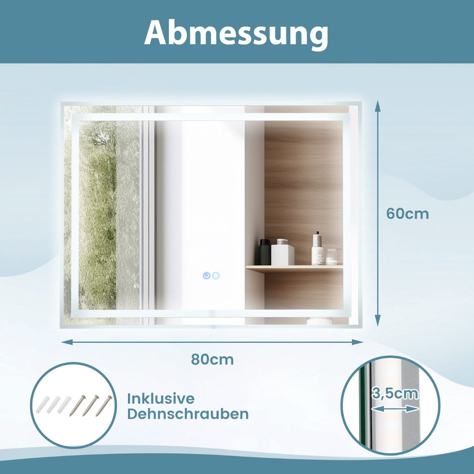 LED Badrumsspegel – med belysning Anti dim rektangulär – 80 x 60 cm – Silver
