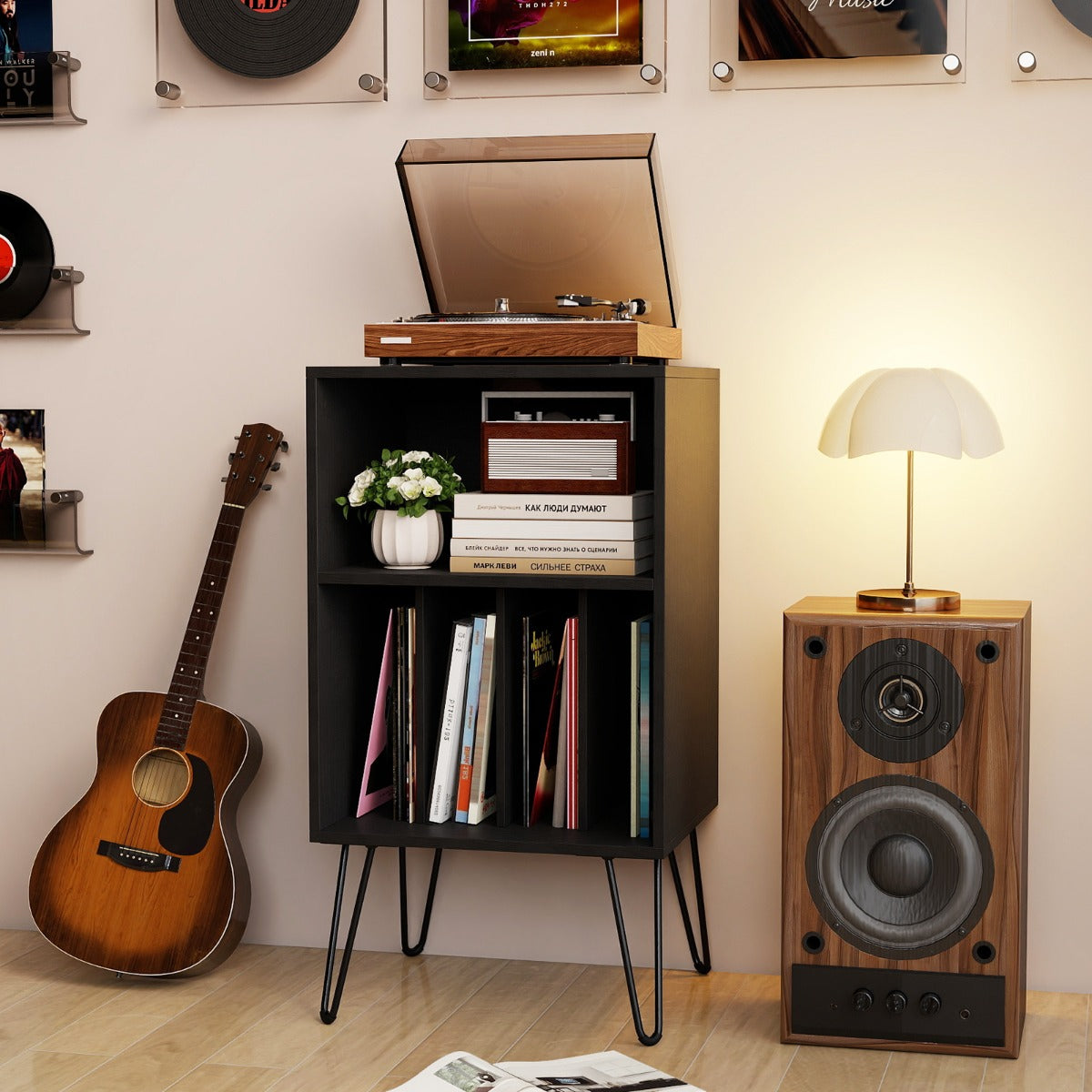 Plattspelarställare – med Laddningsstation Vinylförvaringsfack och – Svart