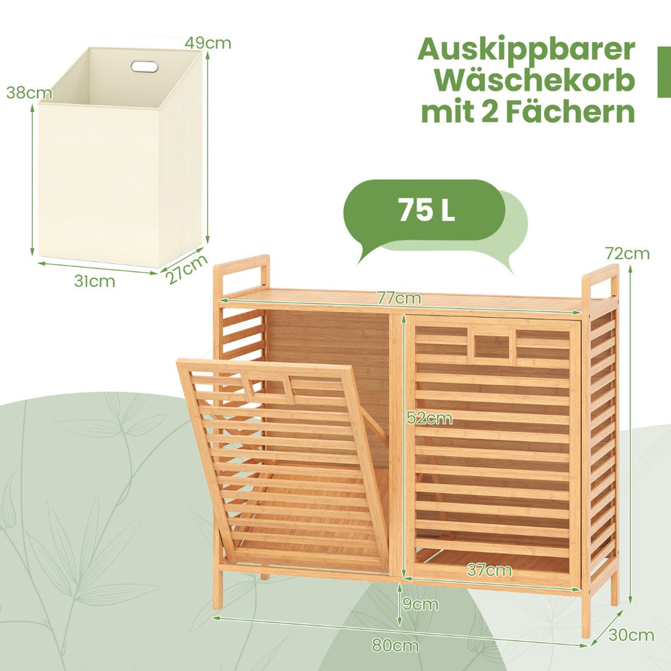 Dubbelt – tvättkorg svängbar 75L bambus tvättsamlar med avtagbara behållare – 2 – Natur