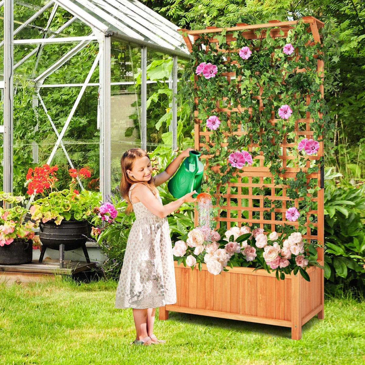 Blomlåda – med spaljé och tak klättergaller dräneringshål växtlåda – Natur