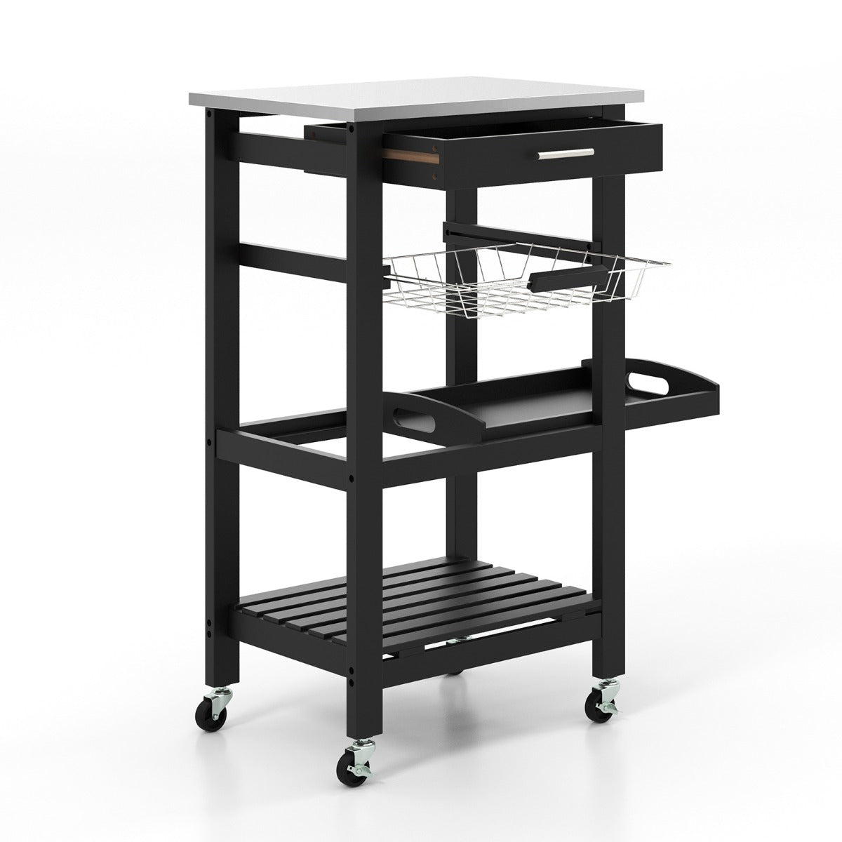 Liten – Köksvagn Serveringsvagn på Hjul Kökshylla med Arbetsyta av Rostfritt Stål – 47 x 39 x 85 cm – Svart