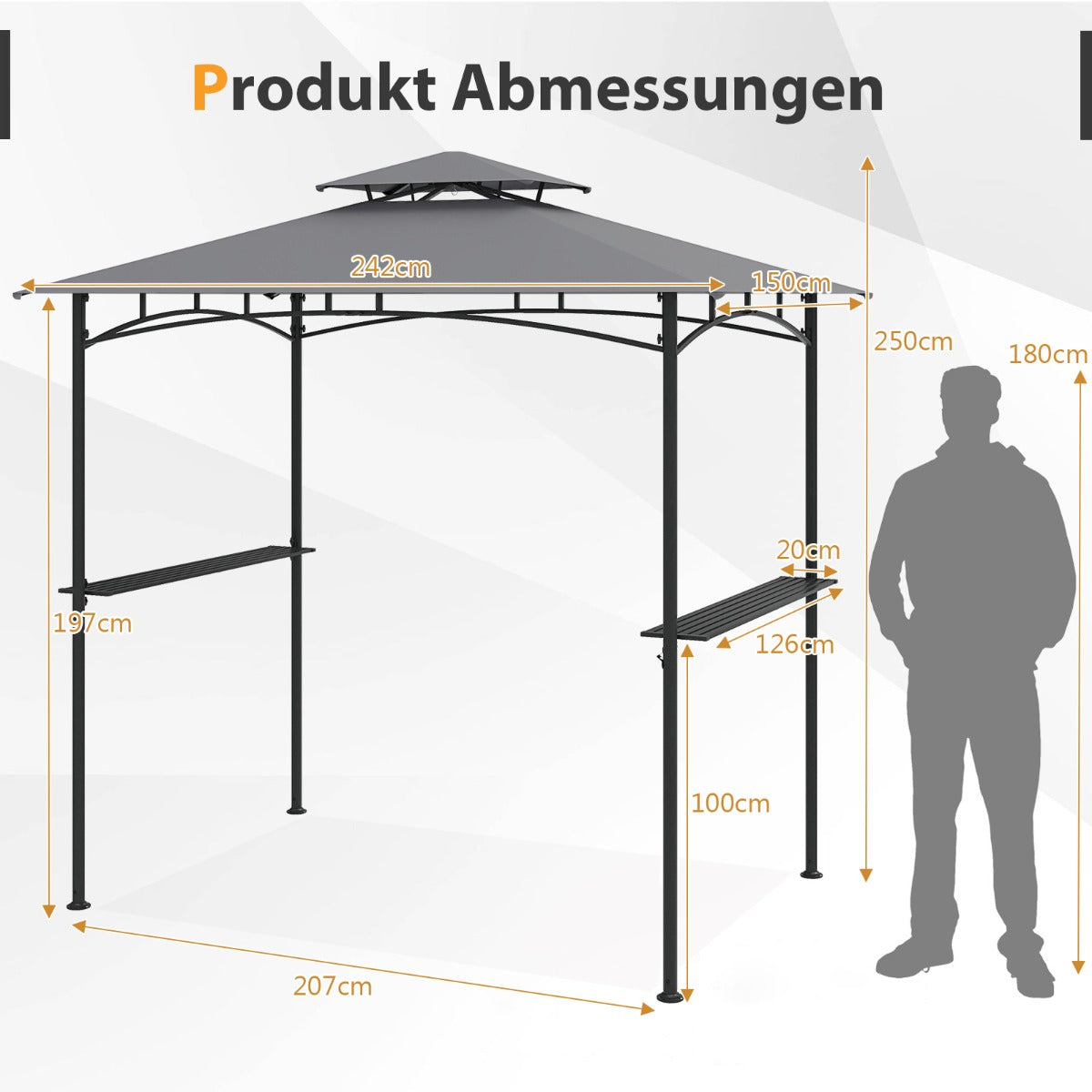 Grillpaviljong – med dubbelt tak och sidobord krokar Trädgårdspaviljong BBQ – 2 6 242 x 150 cm – Grå
