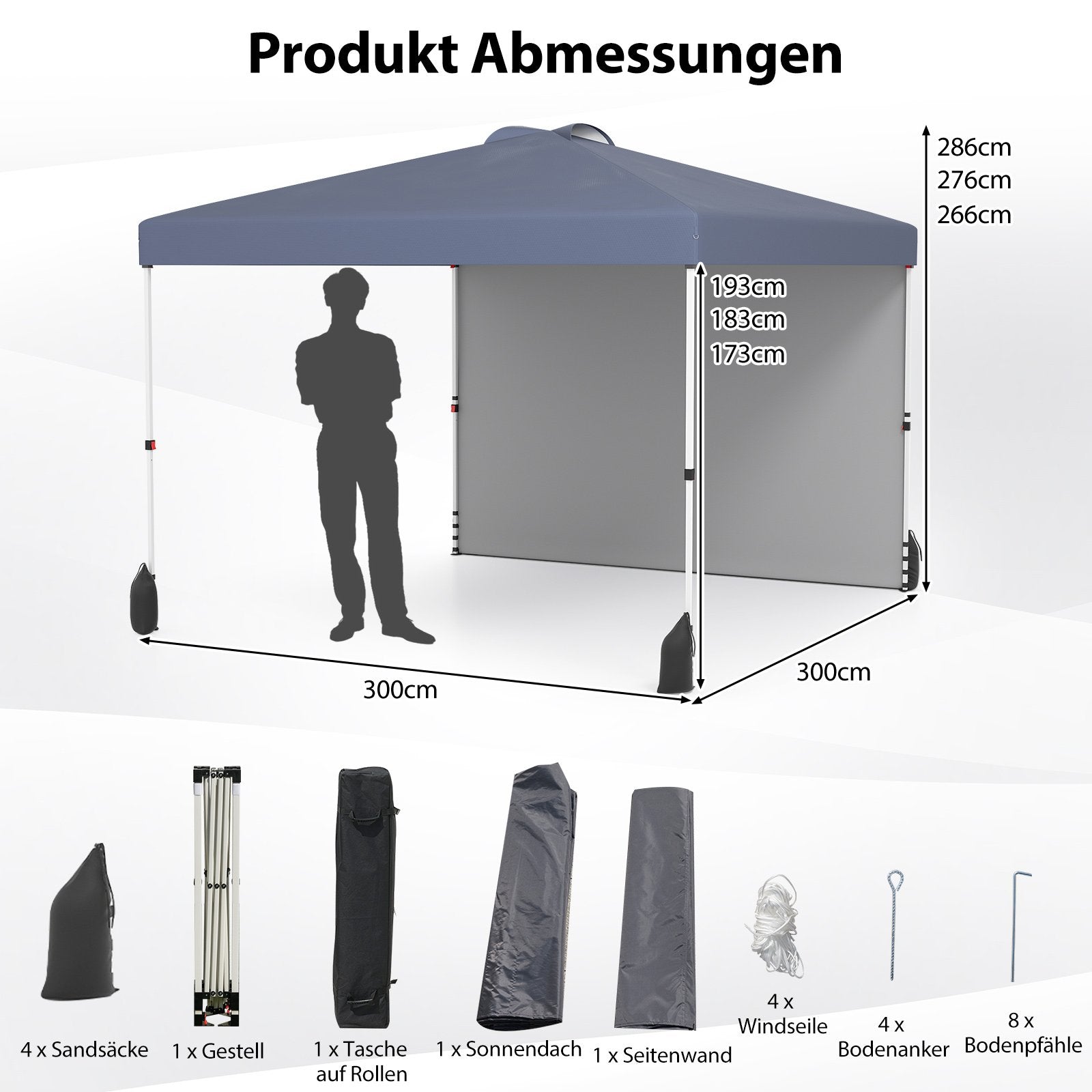 Pop – up paviljong med sidovägg bärbar inkl. skugga rullväska – 3 x 3 m – Grå