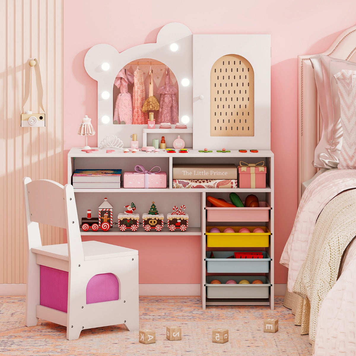 Barnsminkbord – med belysning Prinsessansminkbord och stolsset lådor fack Vitt – 5 2 – Vit
