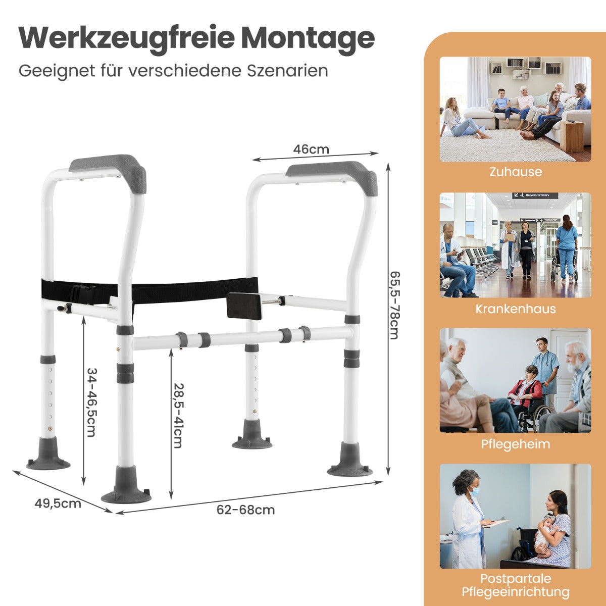 Säkerhetsräcke – för toaletter Justerbar höjd Robust handtag – Grå