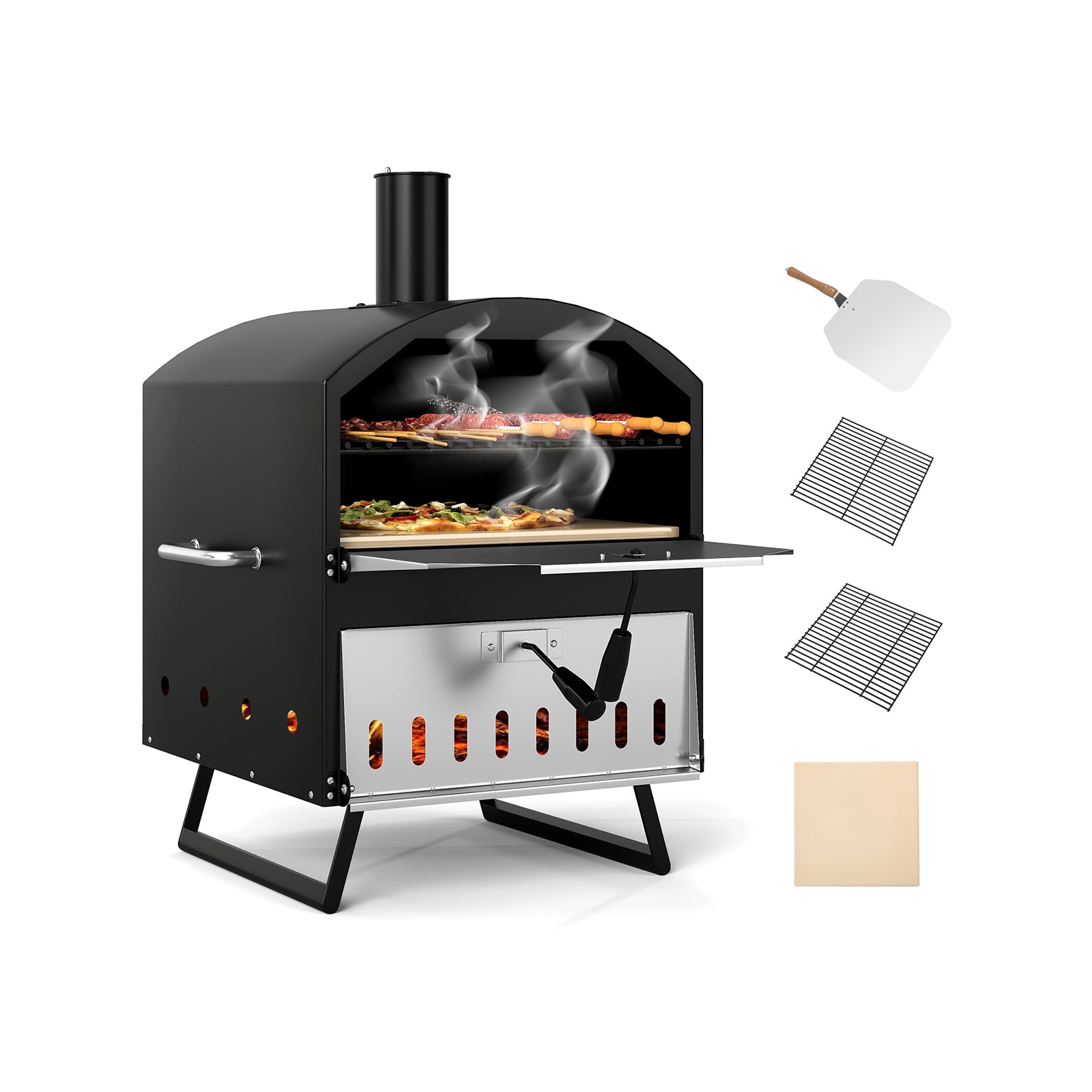 Utomhus – vedeldad pizzaugn lagers pizzatillverkare med fyrkantig sten pizzaspade grillgaller – 40 cm 2 – Svart