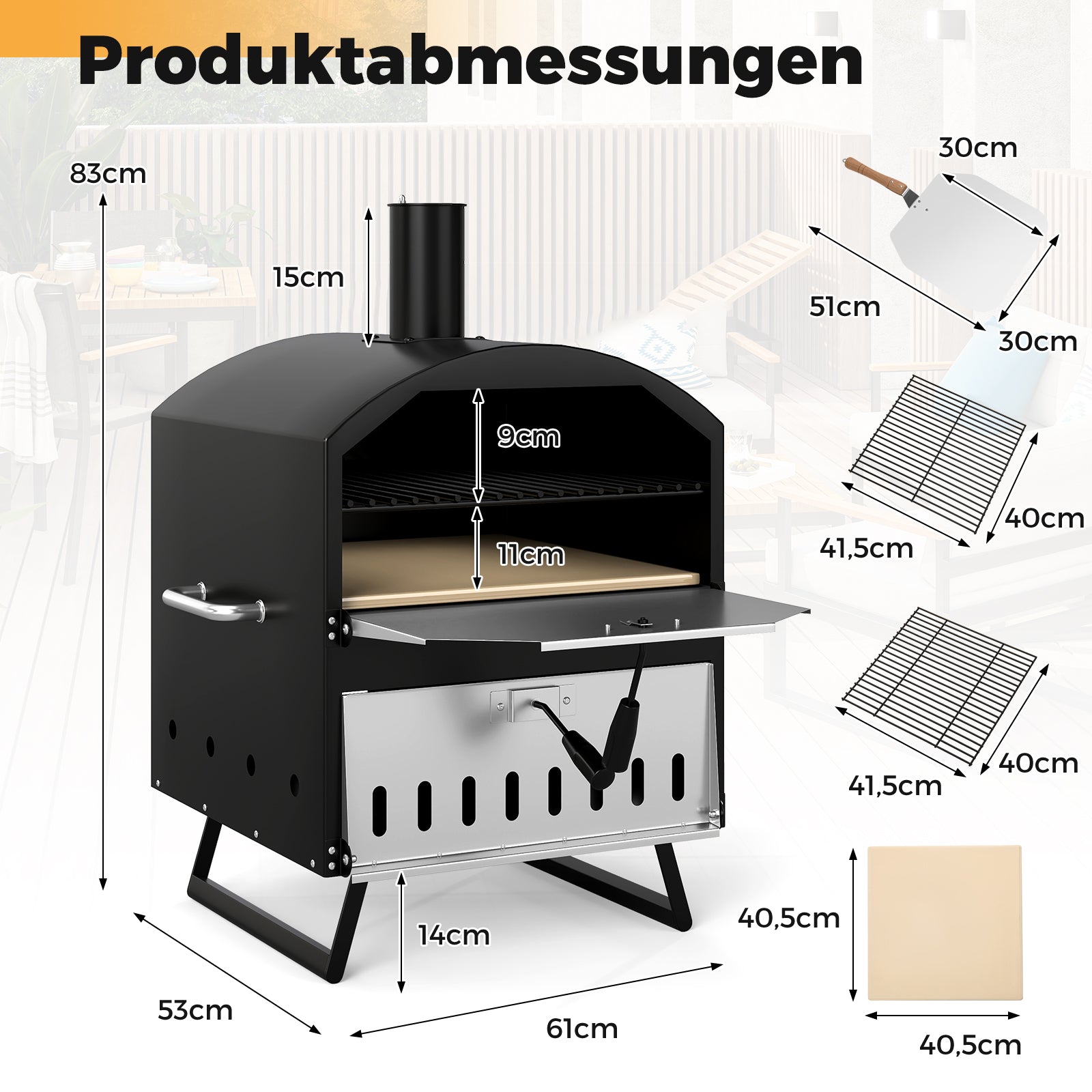 Utomhus – vedeldad pizzaugn lagers pizzatillverkare med fyrkantig sten pizzaspade grillgaller – 40 cm 2 – Svart