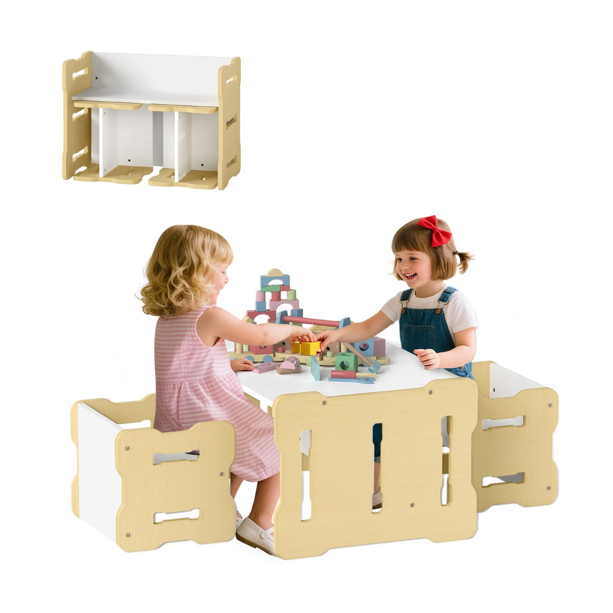 DEL. – Barn Bord och Stol Set med Pall Rundad Hörn Design – 3 2 – Natur