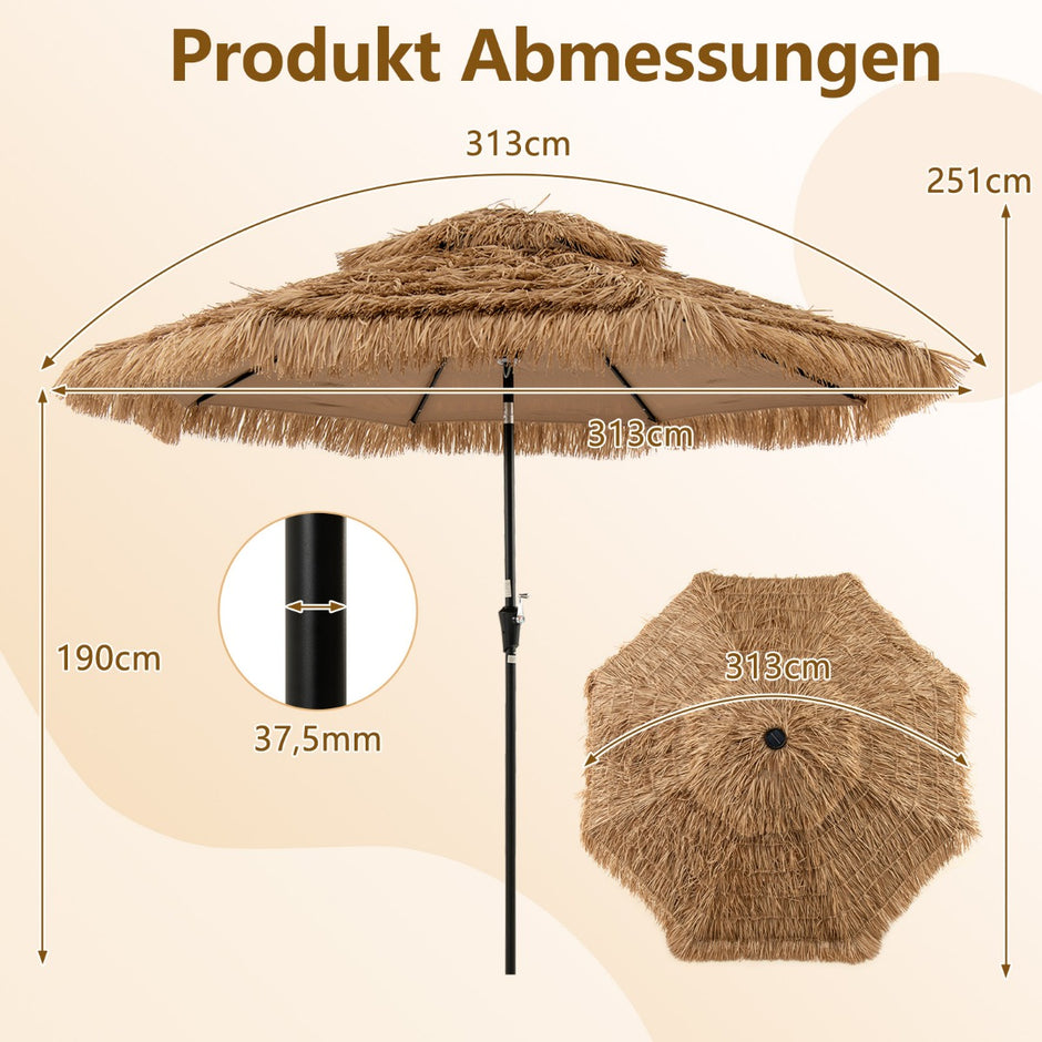 Solsäng – Hawaii Stråskärm med LED solbelysning och dubbelt tak +Svart – 300 cm – Natur