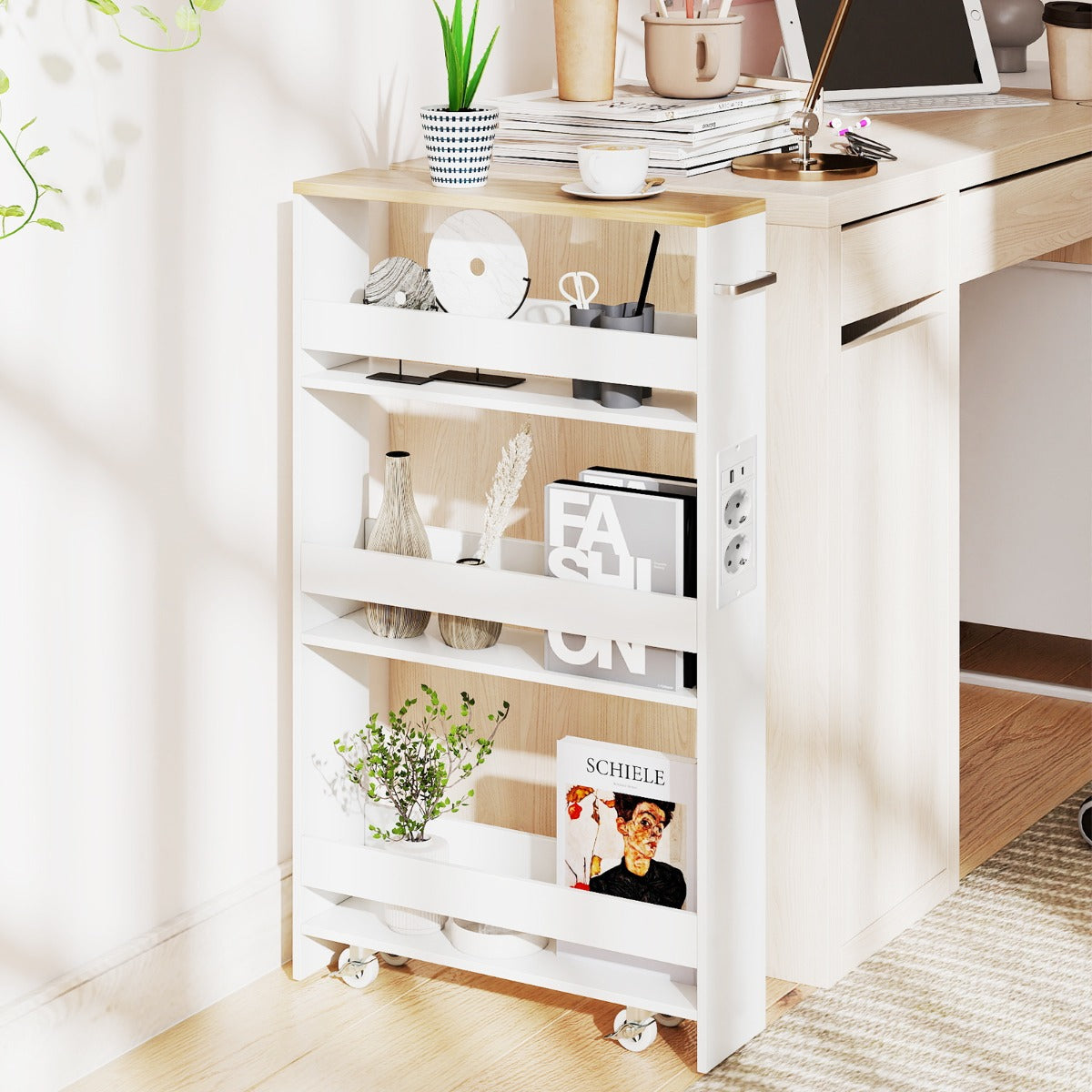 Smal – förvaringsvagn med laddningsstation stegs rullbar köksvagn handtag + – 4 13 cm – Natur + vit