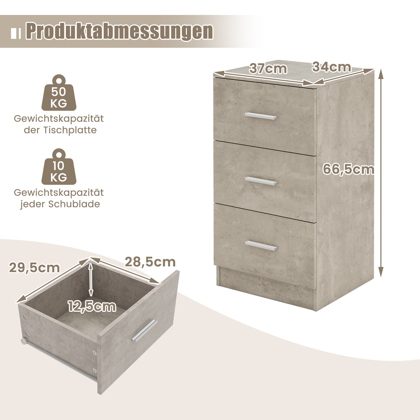 Nattduksbord – med lådor Högblanka nattbord Nattkommod för boxspring säng Cementgrå – 3 37 x 34 x 66,5 cm – Grå