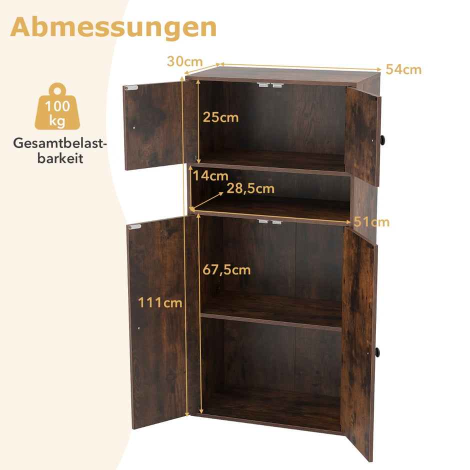 Hög – bokhylla med dörrar våningsförvaringsorganiserare justerbara hyllor – 4 4 111 cm – Rustik brun