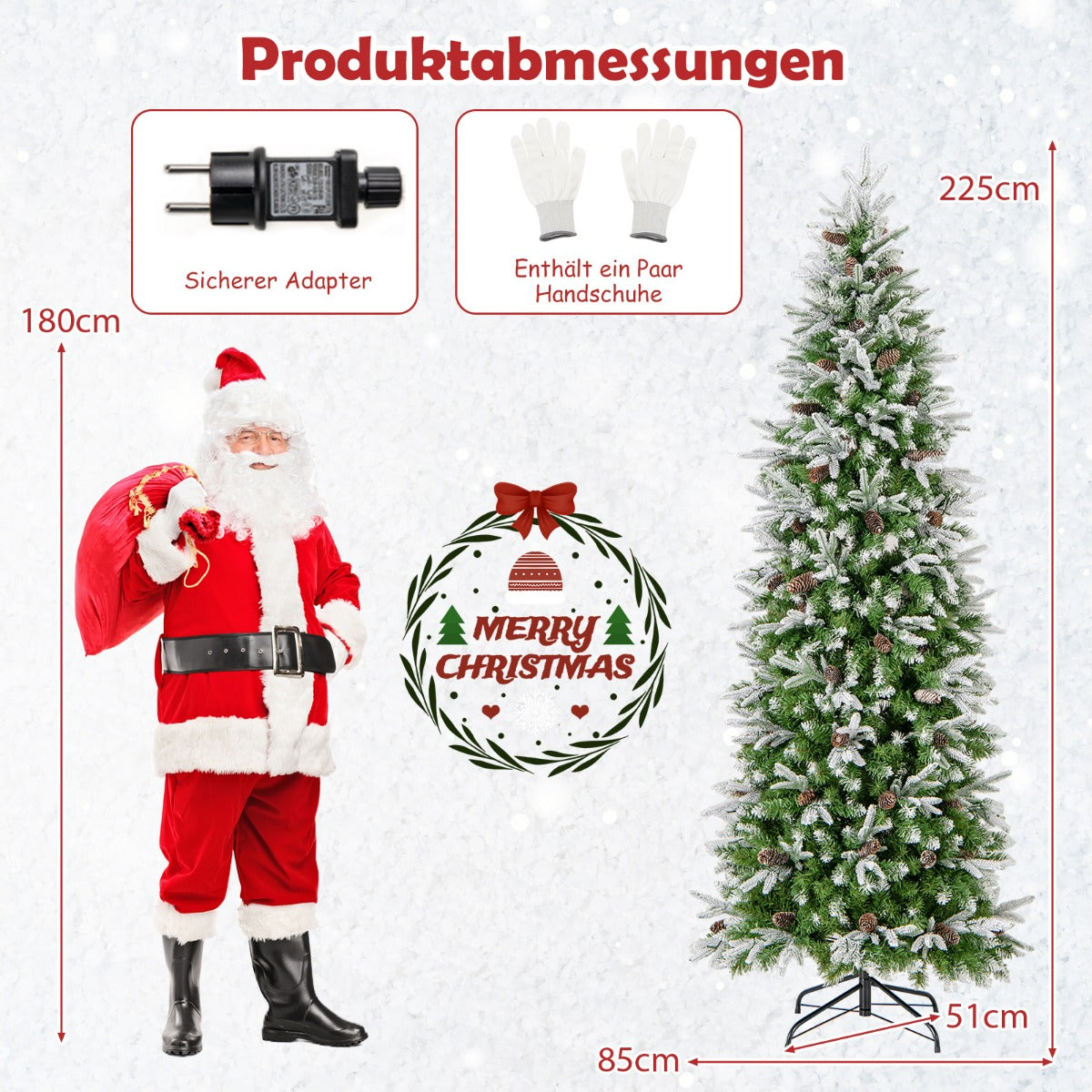 Hög – upplyst julgran, snötäckt festgran i form av en penna – 225 cm – Grön