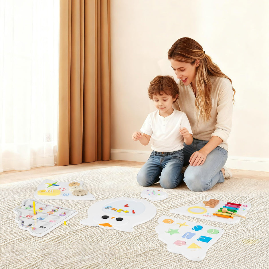 i – Busy Board Baby Owls Aktivitetsvägg med paneler Montessori Träleksaker Lärande – 11 1 – Vit