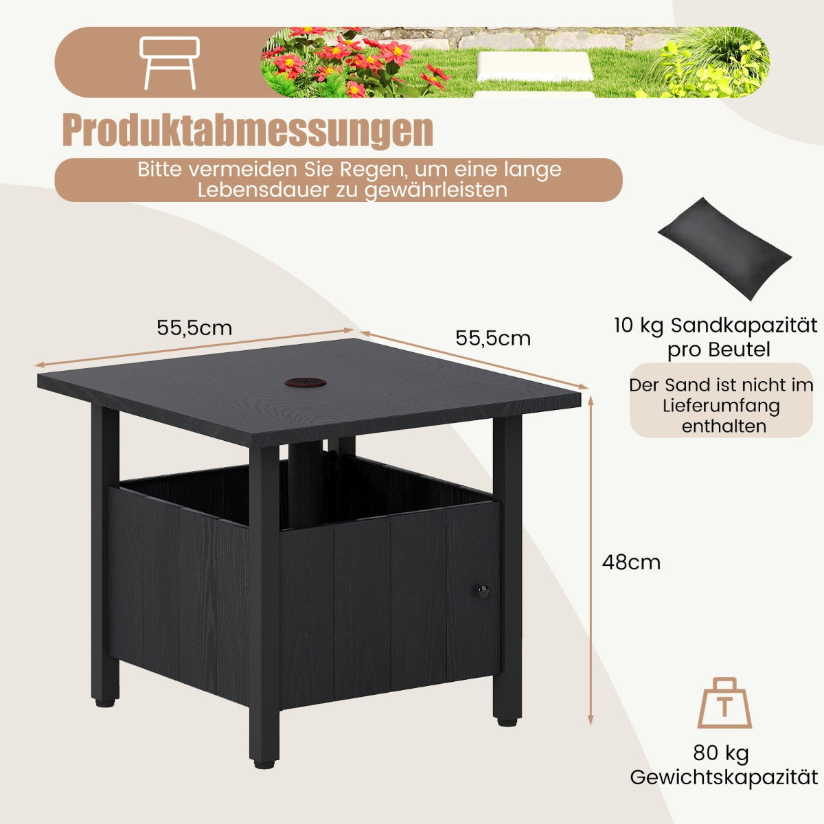 Utomhus – sidobord med parasollhål, trädgårdsbord sandpåsar, balkongbord – Ø 48 cm 2 – Svart